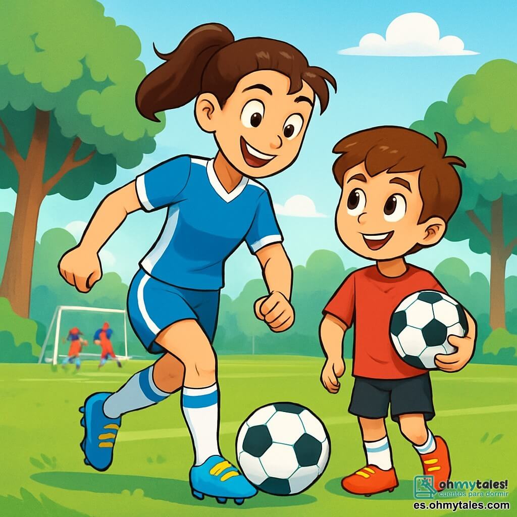 Camila, una joven atlética con cabello castaño recogido en una coleta, lleva un uniforme de fútbol azul y blanco, con zapatillas brillantes. Sonríe ampliamente, llena de determinación y entusiasmo, mientras se prepara para chutar. A su lado, Martín, un niño de nueve años con cabello castaño y ojos brillantes, viste una camiseta roja y pantalones cortos negros. La mira con admiración, sosteniendo un balón de fútbol bajo el brazo, listo para aprender. La escena tiene lugar en un parque verde, con maj árboles al fondo y un campo de fútbol bien cuidado, donde otros niños juegan alegremente. El cielo es azul con algunas nubes blancas, y el ambiente está lleno de risas y energía. Camila y Martín están entrenando juntos, ella le muestra a Martín cómo driblar el balón con agilidad, mientras él intenta reproducir sus movimientos con entusiasmo.
