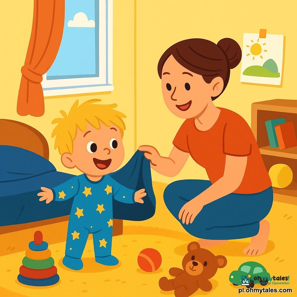 Dwulatek o blond włosach w nieładzie i błyszczących oczach ciekawości stoi w swoim pokoju. Ma na sobie niebieską piżamę w gwiazdki i wielki uśmiech na twarzy, pokazując swoją ekscytację. Szuka swojego pluszowego misia pod łóżkiem. Jego mama, około 30-letnia kobieta z brązowymi włosami związanymi w kok i kolorowym t-shircie, kuca obok niego. Troskliwie się uśmiecha i zachęca go do szukania, kładąc rękę na jego ramieniu. Pokój jest jasny i przytulny, z pastelowo żółtymi ścianami, zabawkami porozrzucanymi po podłodze i dużym, miękkim dywanem. Okno wpuszcza światło słoneczne, rozświetlając pomieszczenie. Sytuacja pokazuje małego chłopca i jego mamę w trakcie poszukiwań zagubionego misia, w otoczeniu zabawek, tworząc radosną i zabawną atmosferę.