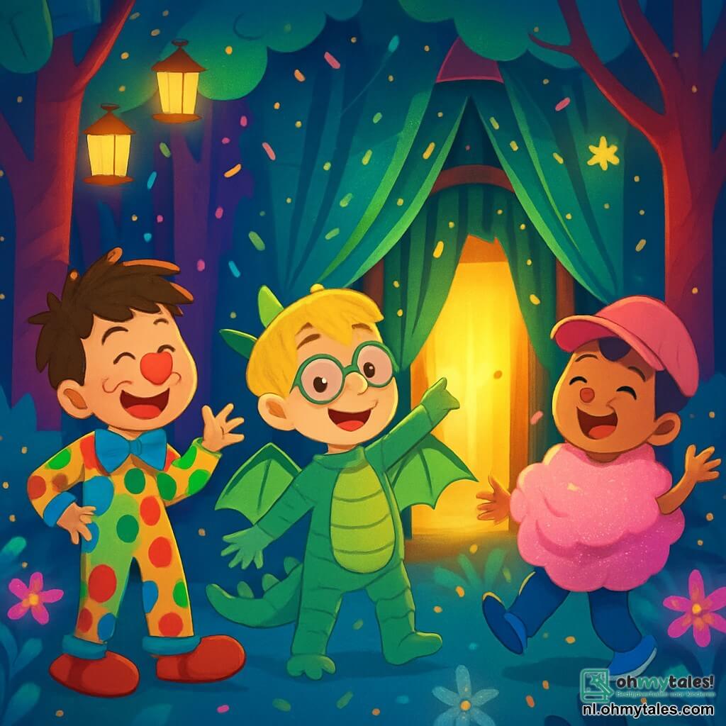 Er zijn 3 personages: - Tim: een 8-jarig jongetje met rommelig bruin haar en een grote glimlach. Hij draagt een kleurrijk clownspak met een rode neus en gigantische schoenen. Hij staat links, lacht en maakt een komische gebaar. - Bram: een 8-jarig jongetje met blond haar en ronde brillen. Hij is verkleed als draak met glanzende groene schubben en papieren vleugels. Hij staat in het midden en toont trots zijn vleugels. - Daan: een 8-jarig jongetje met zwart haar en een roze pet. Hij is verkleed als reusachtige suikerspin, met roze suikerspin en glitters. Hij staat rechts en danst vrolijk. De locatie is een betoverd bos, vol met bomen met veelkleurige stammen en heldere bloemen die stralen als sterren. Lantaarns zweven in de lucht en kleurrijke confetti valt zachtjes rondom de kinderen. De hoofdscène toont de drie vrienden die een mysterieuze deur ontdekken die oplicht achter een gordijn. Ze zijn verwonderd en nieuwsgierig, klaar om de magische wereld van het verborgen Carnaval binnen te gaan, omringd door fantastische wezens en zwevende lekkernijen.