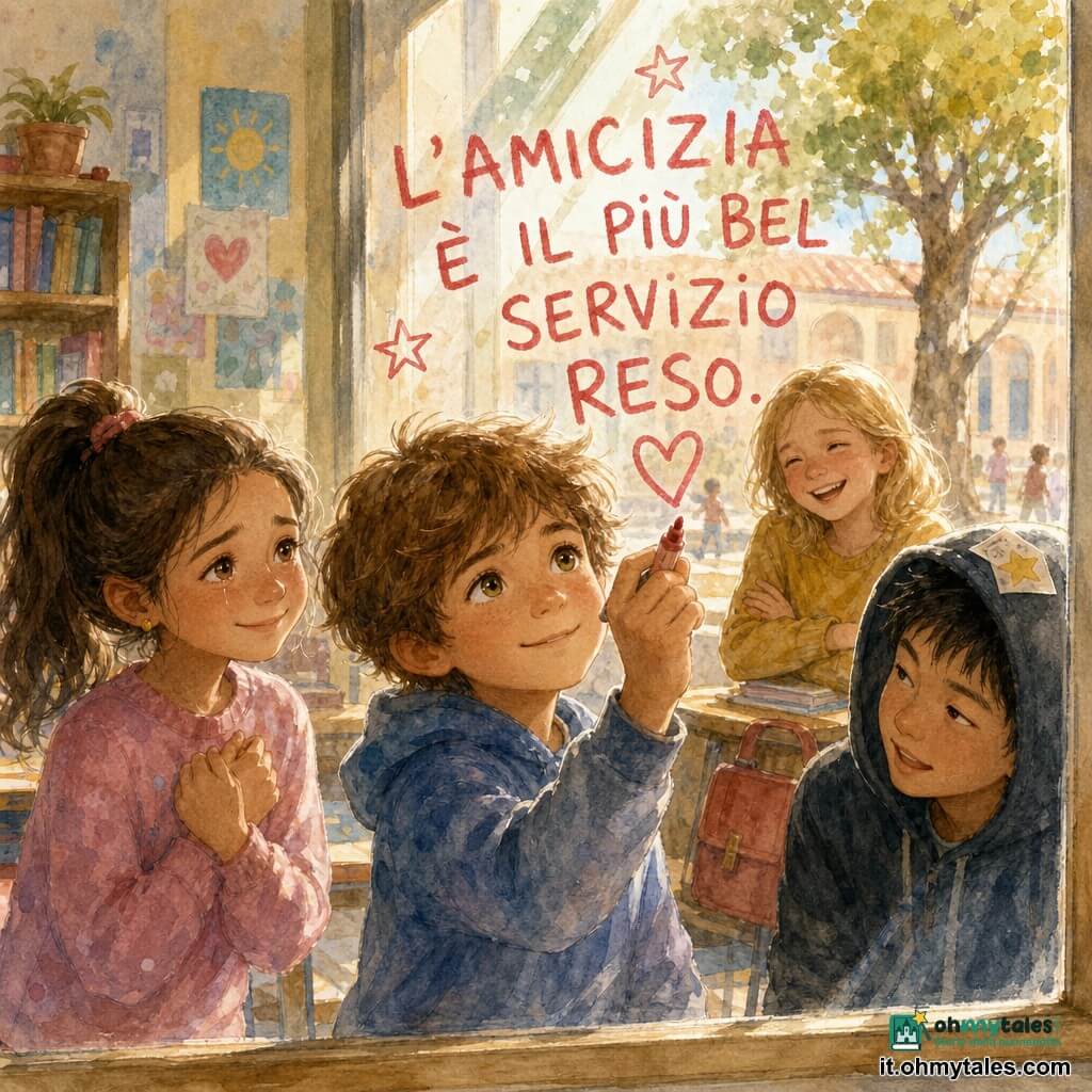 Matteo, ragazzo di 10 anni al centro dal volto dolce e concentrato, capelli castano chiaro spettinati e sorriso timido, scrive con un pennarello sulla grande finestra la frase "L'AMICIZIA È IL PIÙ BEL SERVIZIO RESO"; a sinistra Elisa, circa 10 anni, capelli castani legati in coda, sguardo commosso e mani incrociate, davanti alla frase; sullo sfondo a destra Sara, circa 10 anni, capelli biondi medi, ride dolcemente vicino a una panca con un astuccio; a destra Luca, circa 10 anni, capelli neri corti, fa una smorfia divertita con un coupon nella cappuccio e si china verso Matteo; aula illuminata dalla luce mattutina, tavoli in legno chiaro, scaffali di libri, poster alle pareti, finestra sulla corte con un albero; atmosfera calda e tenera, acquerelli dai toni morbidi, contorni sfumati, riflesso sul vetro e piccole stelle e un cuore disegnati accanto alla frase.