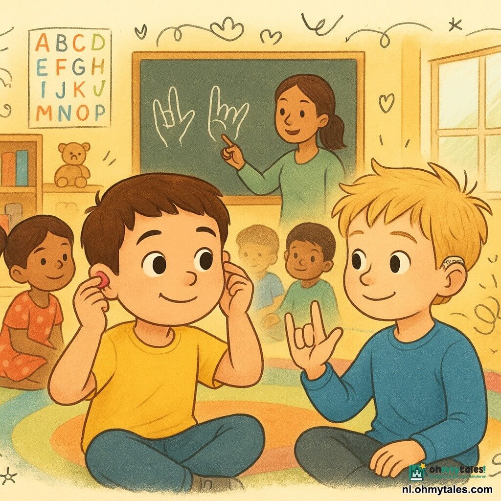 Een illustratieve, warme schoolscène: een gelukkig nieuwsgierig 6‑jarig jongetje met rond gezicht, kort bruin haar, geel t‑shirt en jeans stopt zacht roze oordopjes in zijn oren; naast hem zit Tom, 6, zelfverzekerd en vriendelijk, bleke huid, warrig blond haar, blauw truitje en een zilveren hoortoestel achter zijn rechteroor, die het teken voor "vriend" in gebarentaal toont; links is Sara, 6, vrolijk en guitig, kastanjebruin haar in paardenstaart en een rood stippenjurkje, gehurkt op het kleurrijke tapijt; de lerares van circa 30, met vastgebonden bruin haar en groen bloesje, staat bij een krijtbord en wijst naar een tekening van gebarende handen; de klas zit in een kring op een groot multikleurig tapijt, met lichtgele muren, alfabetposters, houten planken met speelgoed en boeken en grote ramen die zacht licht en warme schaduwen binnenlaten; de hoofdscène is een close‑up van het jongetje dat het geluid ervaart met zijn roze oordopjes terwijl Tom gebaren toont en de andere kinderen nieuwsgierig en zorgzaam kijken, lichte kleuren, zachte lijnen en subtiele doodles (vervaagde muzieknootjes, hartjes, gebarende handen) om het thema empathie te versterken.