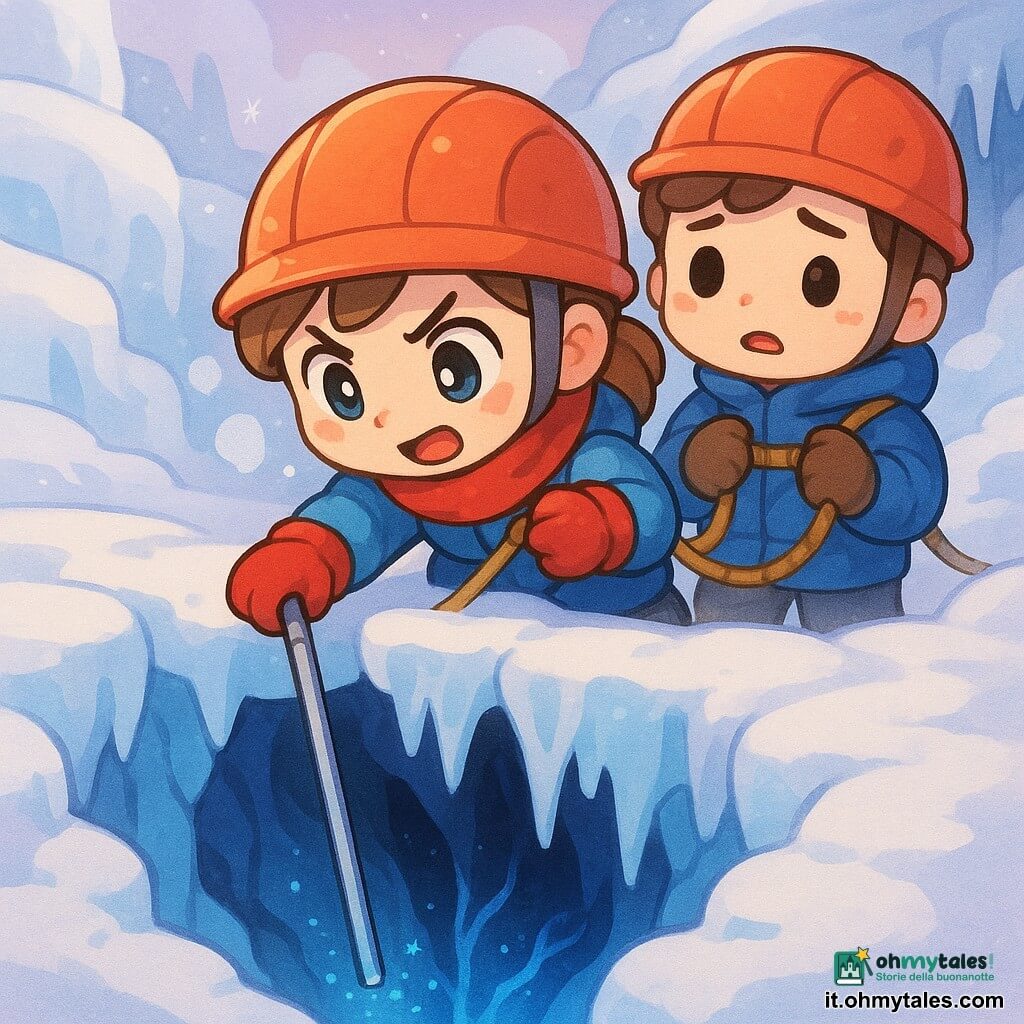 Lida, esploratrice dal sorriso determinato e occhi vivaci, con parka blu acceso, sciarpa rossa e casco, scende al bordo di una grande crepa calando un lungo bastone-misura argentato nel vuoto; Marek, giovane di circa 20 anni, capelli castani, volto rotondo e preoccupato ma coraggioso, tiene la corda dietro di lei a sinistra; paesaggio glaciale bianco, blu e viola con bordi di ghiaccio scolpito, stalattiti traslucide e un'apertura nera che svela vene di luce blu; il bastone penetra l'oscurità della crepa con riflessi blu sotto il ghiaccio, vapori del respiro e brina intorno ai personaggi per una tensione lieve; stile carino, colori saturi, contorni netti ed espressioni esagerate.