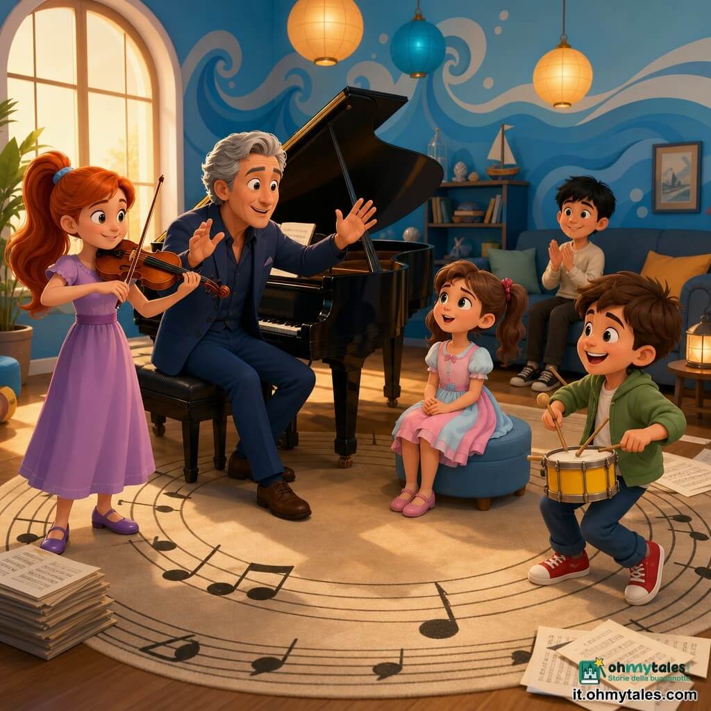 Maestro Leo, uomo sorridente e benevolo con capelli grigi pettinati all’indietro e abito casual blu notte, è seduto al grande pianoforte nero lucido e dirige i bambini a mani alzate con espressione calda e espressiva; Sofia, circa 7 anni, timida ma concentrata, capelli castani in codini e vestito pastello, canta piano seduta vicino al piano con crescente fiducia; Mattia, circa 8 anni, vispo, capelli castani corti, tiene un piccolo tamburo giallo e batte gioioso facendo un piccolo salto sul tappeto davanti al piano; Viola, circa 9 anni, violinista con lunga coda di cavallo rossa, tiene il violino sotto il mento e sorride a sinistra del piano; Cesare, circa 10 anni, riservato coi capelli neri, è seduto sul divano dietro e applaude piano con un grande sorriso timido; il salotto è caldo e colorato: pareti blu oceano dipinte a onde, grande tappeto beige disegnato come uno spartito con note nere, finestra luminosa con raggio di sole dorato, lampade a lanterna e fogli di musica sparsi; scena di prova di un piccolo coro di bambini con Leo al piano che accompagna e dirige, atmosfera gioiosa, dinamica e tenera, gesti in movimento, colori vivaci e leggero cel-shading.