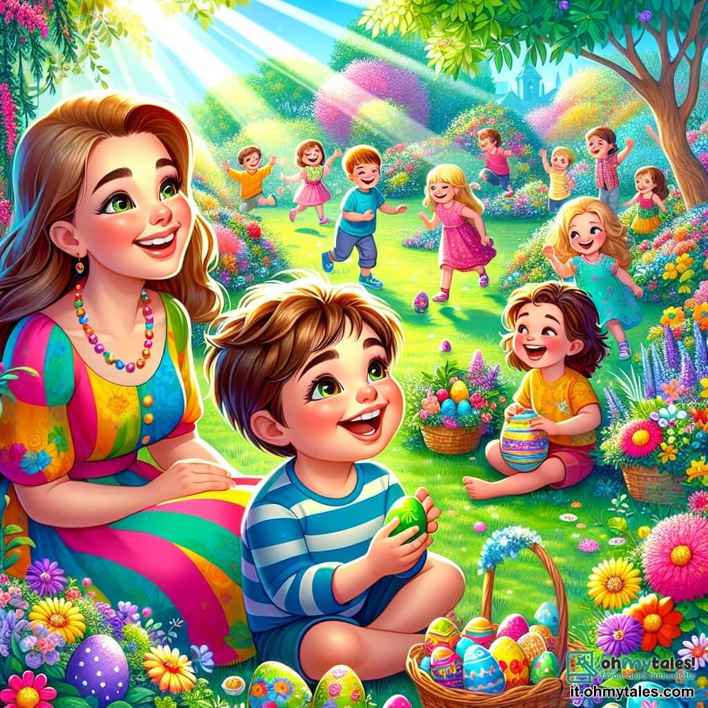 Un bambino di 4 anni, Matteo, con grandi occhi brillanti e un sorriso radioso, è seduto per terra in un giardino colorato, circondato da fiori vivaci e alberi in fiore. Tiene un uovo di Pasqua verde tra le mani, il suo viso risplende di gioia ed eccitazione. Accanto a lui, l'insegnante Anna, una donna di circa trent'anni con capelli castani e occhiali, sorride guardando i bambini giocare. Indossa un vestito colorato e tiene un cesto pieno di uova di Pasqua. Sullo sfondo, un gruppo di bambini, tutti tra i 4 e i 5 anni, corre allegramente nel giardino, cercando uova nascoste tra i cespugli e i fiori. Il giardino è illuminato, con raggi di sole che filtrano tra le foglie, creando un'atmosfera magica e festosa. La scena principale mostra Matteo, meravigliato, che scopre un uovo colorato, mentre i suoi amici ridono e si divertono intorno a lui, celebrando la gioia della Pasqua.