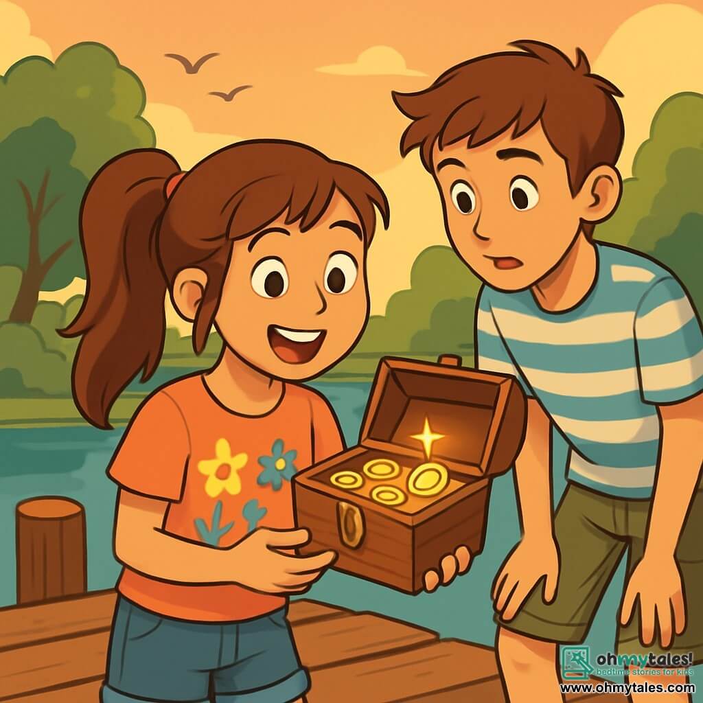 A 12-year-old girl named Isla stands at the edge of an old wooden pier, her face lit up by a smile of excitement and wonder. She has long brown hair tied in a messy ponytail and wears a colorful t-shirt with flower designs and denim shorts. In her hand, she holds a small open wooden chest filled with old coins and a sparkling locket. Next to her, her 14-year-old brother Finn watches with a curious expression. He has brown hair and wears a striped t-shirt and cargo shorts, leaning slightly forward, intrigued by the discovered treasure. The setting is an ancient pier surrounded by lush greenery, with majestic trees reflecting in the calm river water. The sky is tinted with golden and pink hues, indicating twilight, while birds fly above, adding life to the scene. Isla, amazed, discovers the hidden treasure in the chest, her heart racing with excitement as she realizes she has solved a puzzle and found a real treasure.