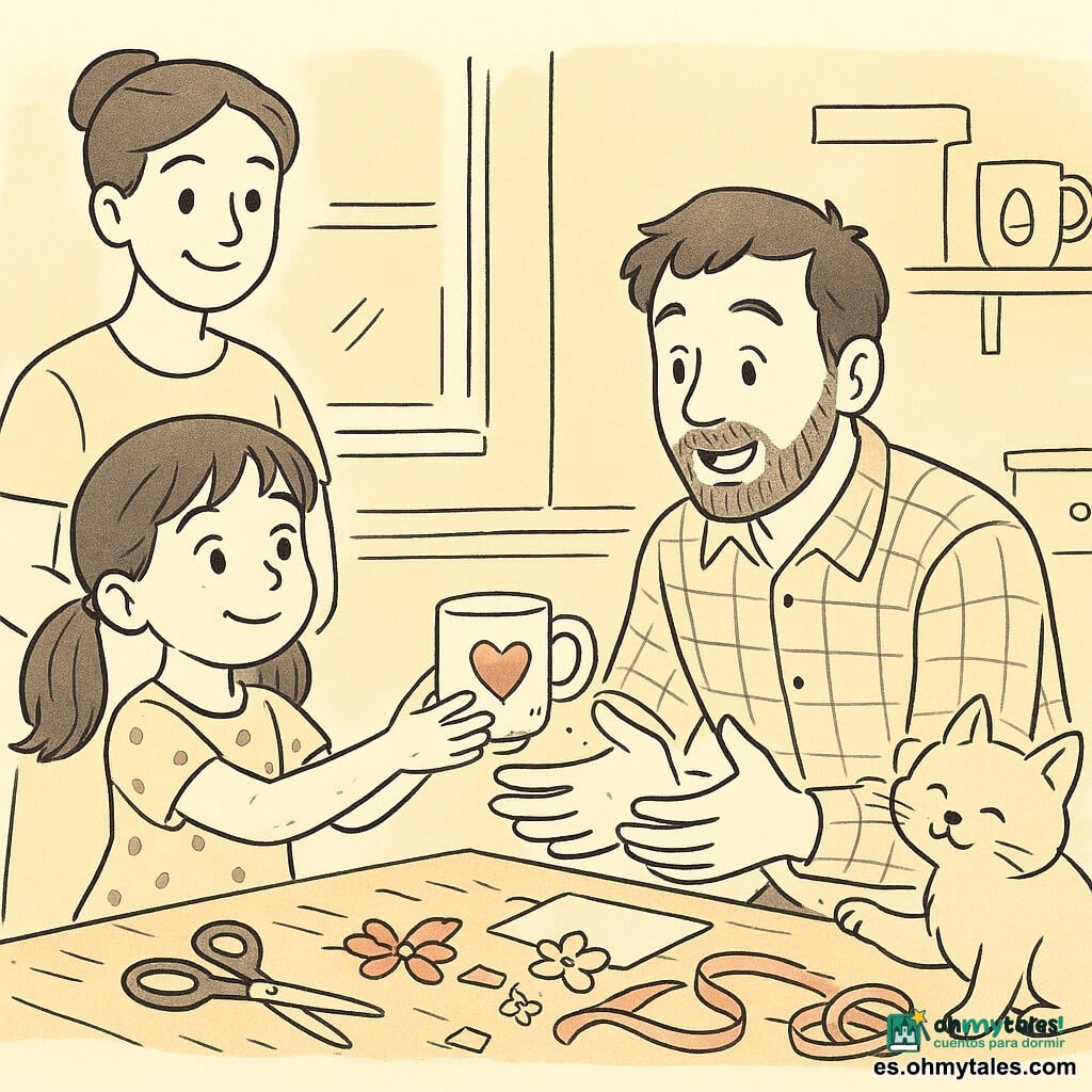 Niña de 6 años, feliz y algo tímida, ojos brillantes y sonrisa dulce, coletas y vestido de lunares; ofrece una taza hecha a mano con un mini imán "love" en la base, manos pequeñas pegajosas de cola. Padre (35–40 años), con barba ligera y camisa a cuadros, arrodillado, sorprendido y emocionado, listo para abrazarla. Madre (30–35 años), cabello recogido y ropa sencilla, de pie junto a la mesa, sonriendo con orgullo. Gato Nube, pelaje esponjoso, sobre la mesa o jugando con una cinta, pata levantada como si hubiera empujado la taza. Cocina cálida y desordenada, mesa de madera con papeles de colores, tijeras, pegamento y cintas convertidas en pequeñas flores; momento principal: la sorpresa de la niña ofreciendo la taza, gestos tiernos y ambiente acogedor con manualidades esparcidas.