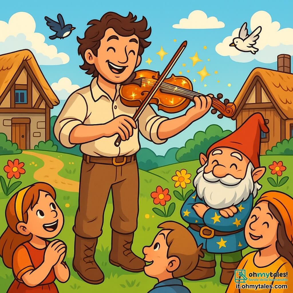 Alessandro, un uomo di circa trent'anni, ha un sorriso caloroso e occhi scintillanti di gioia. Indossa una camicia di lino beige e pantaloni di tela, con stivali di pelle consumati. Tiene in mano un violino magico scintillante mentre suona una melodia incantevole, i suoi capelli castani leggermente ondulati che fluttuano nel vento. Accanto a lui c'è Zaffiro, un piccolo gnomi dai capelli argentati e dalla folta barba, di circa 200 anni. Indossa una tunica colorata decorata con motivi stellati e sorride benevolmente, con le braccia incrociate, ammirando la musica di Alessandro. Lo scenario è un villaggio pittoresco con case di legno dai tetti di paglia, circondato da campi verdi e fiori colorati. Un cielo blu brillante è punteggiato di nuvole bianche e soffici, mentre gli uccelli volano gioiosamente intorno a loro. La scena principale mostra Alessandro, raggiante di felicità, che suona il suo violino magico, mentre i villaggi meravigliati si radunano attorno a lui, ascoltando attentamente la musica che porta gioia e speranza a tutti.