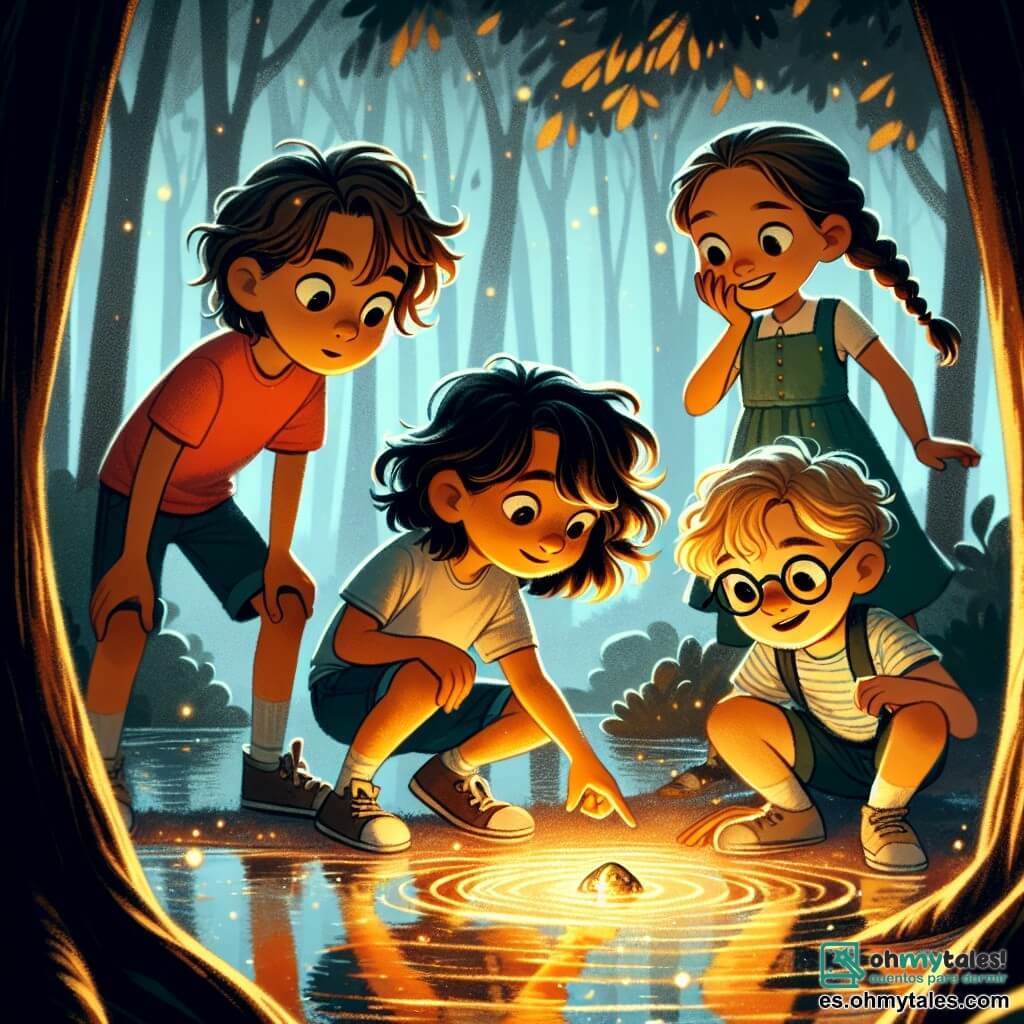 En un claroscuro misterioso, cuatro amigos están al borde de un lago brillante. Tomás, un niño de ocho años con cabello castaño desordenado, lleva una camiseta roja y un pantalón corto azul, observando con curiosidad la superficie del lago donde reflejos dorados danzan. Lucas, otro niño de ocho años con gafas y cabello rubio, señala una piedra brillante en el fondo del agua, su rostro iluminado por la emoción. Sofía, una niña de ocho años con largos cabellos negros trenzados, viste un vestido verde y sonríe sosteniendo una pequeña piedra brillante en sus manos, asombrada por su hallazgo. Valentina, una niña de ocho años con cabello castaño rizado, está un poco apartada, con los brazos cruzados, pero su mirada está fija en el lago, intrigada por el misterio que lo rodea. El lago está rodeado de majestuosos árboles de troncos gruesos y hojas verdes brillantes, creando una atmósfera encantada y ligeramente inquietante. Los rayos del sol filtran a través de las ramas, proyectando sombras danzantes en el suelo. La escena principal muestra a los amigos descubriendo la piedra mágica en el fondo del lago, un momento de tensión y asombro, mientras una sombra misteriosa pasa furtivamente detrás de ellos, añadiendo un toque de suspense a esta aterradora aventura.
