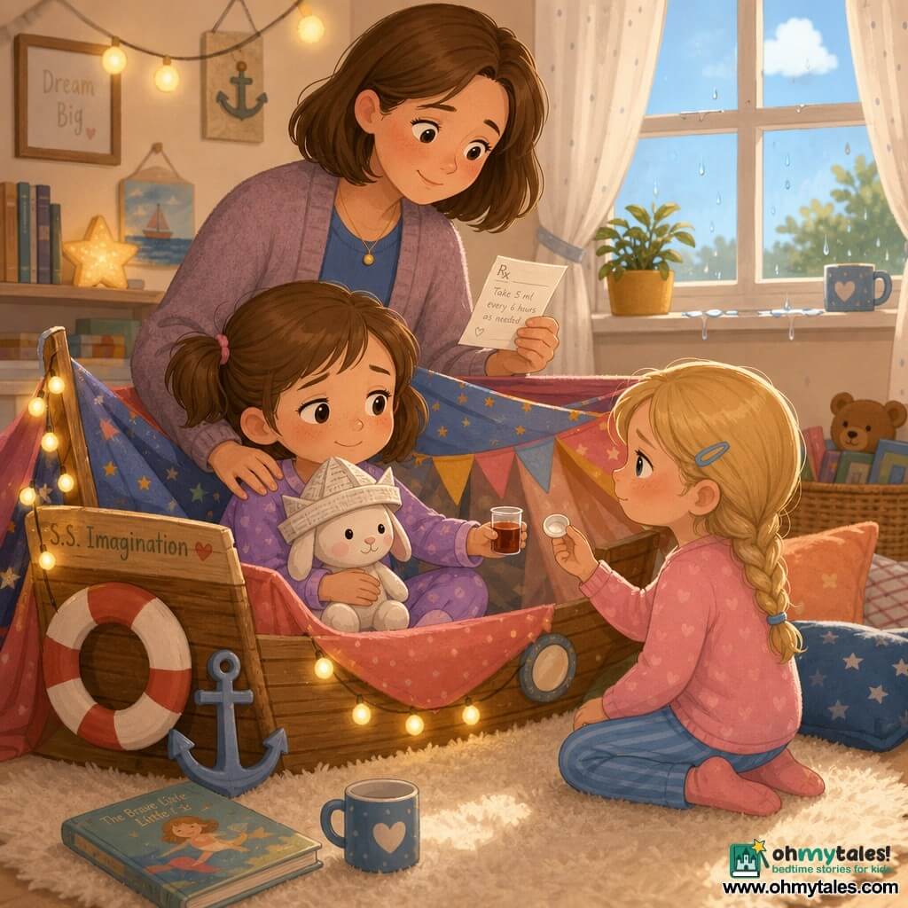 A tender, intimate scene: a 6-year-old girl with a round face and brown pigtails, looking gentle and a little tired, sits in a blanket fort holding her white plush rabbit Buttons wearing a paper hat and shyly offering a small cup of syrup; a friend, about 6, with blonde braided hair kneels at her right, contrite but caring, holding the syrup cap like a tiny spoon; behind them a calm, kindly mother in her mid-30s with short chestnut hair stands with a hand on the girl's shoulder reading a prescription; the cozy room has a cream plush rug, yellow string lights, an open window showing blue sky, colorful blankets forming a boat-like fort and star-and-anchor pillows, warm pastel colors, soft textures, simple rounded shapes and a comforting atmosphere.