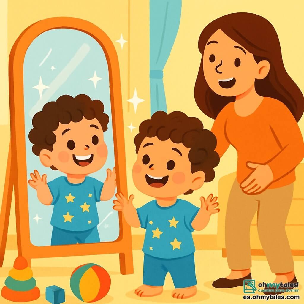 Un niño de 2 años, con cabello rizado y ojos brillantes, mira maravillado su reflejo en un gran espejo mágico. Son sonrisa es radiante, sus mejillas sonrosadas de alegría, y lleva una bonita camiseta azul con estrellas. A su lado, su mamá, una mujer sonriente de unos 30 años, con cabello largo y castaño, lo anima con los brazos abiertos, manteniéndose ligeramente atrás para dejarlo brillar. La escena tiene lugar en una sala luminosa, con paredes pintadas de amarillo pastel y juguetes coloridos esparcidos por el suelo. Una suave luz del sol entra por la ventana, iluminando el espejo que brilla intensamente. En esta situación, el niño descubre su reflejo y siente un gran orgullo al darse cuenta de que lleva su propia camiseta. Su sonrisa radiante muestra lo feliz y orgulloso que está de sí mismo.