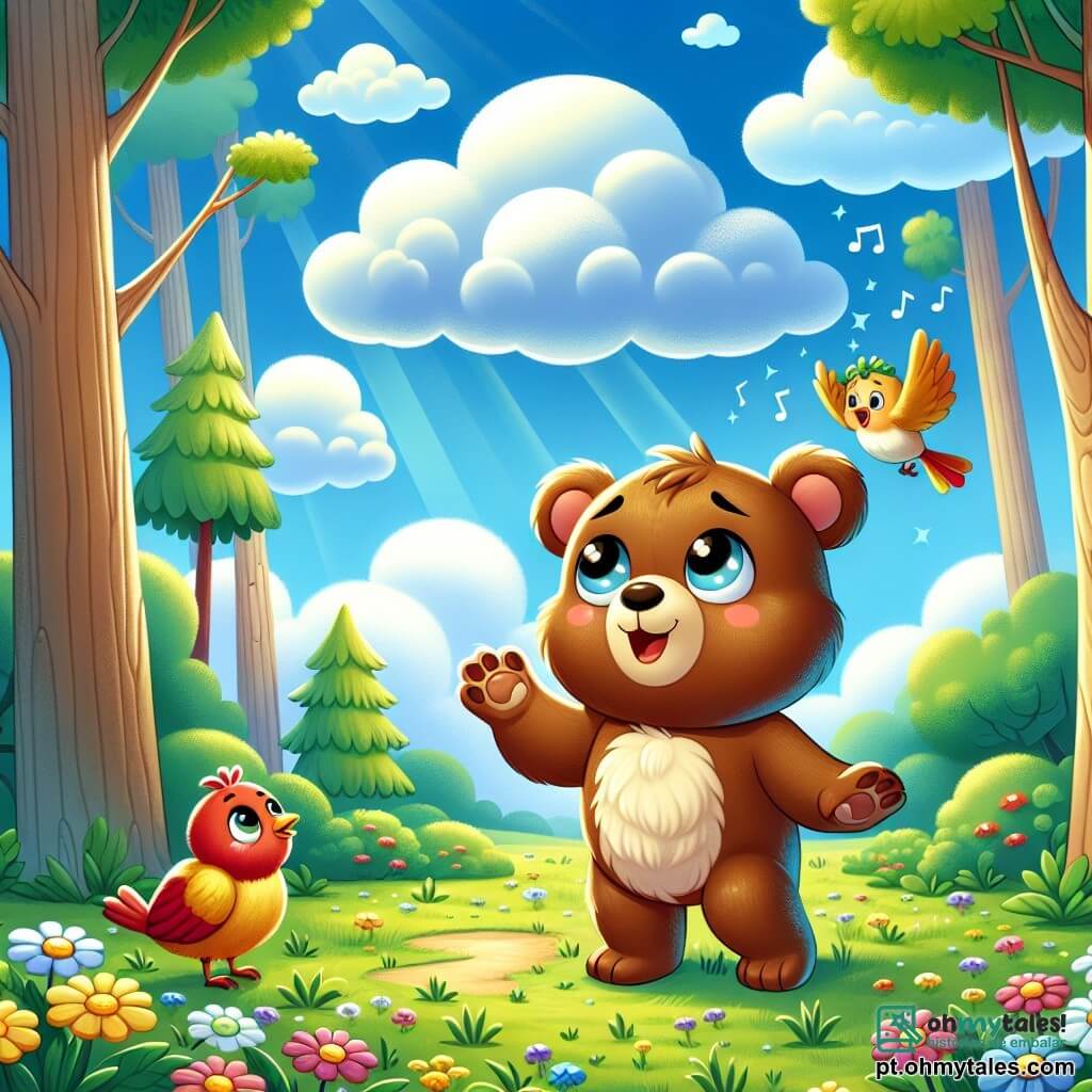 Um pequeno urso pardo chamado Lino, com grandes olhos redondos e brilhantes, está no meio de uma clareira ensolarada, com um sorriso curioso no rosto. Ele observa as nuvens brancas e fofas flutuando em um céu azul radiante, com as patas dianteiras levantadas como se quisesse tocá-las. Perto dele, um pássaro colorido, com penas vermelhas e amarelas, empoleira-se em um galho baixo, cantando alegremente e olhando para Lino com um olhar amigável. A clareira é cercada por grandes árvores de troncos grossos, cujas folhas verdes dançam suavemente ao vento, enquanto flores multicoloridas salpicam o chão, adicionando um toque de magia ao ambiente. Lino, cheio de entusiasmo, se prepara para seguir o vento que lhe sussurra segredos, pronto para descobrir o que faz seu coração bater.