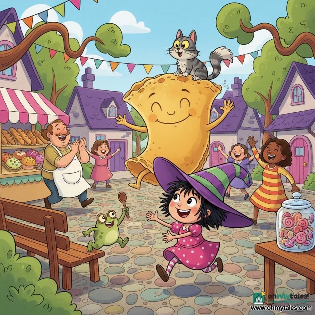 A joyful, mischievous little witch named Wanda with a too-big purple-and-green striped hat, short messy black hair and a pink polka-dot dress laughs and reaches for a dancing golden pancake; beside her on a bench edge a small smiling green toad named Fiddly wearing tiny round glasses jumps toward the pancake waving a wooden spoon, while a curious grey tabby cat, Mr. Whiskers, perches on Wanda’s shoulder, and a broad jovial baker in a floury white apron and a cheerful candy seller in a striped dress clap and dance near colorful bread and lollipops as villagers circle the village square—paved with round colored stones, lined with small houses with purple roofs and pink doors, waving trees and bunting—watching the smiling, skipping pancake perform amid vivid colors and lively, exaggerated movements.