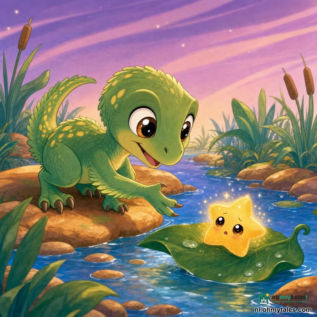 Riki, een vrolijke dappere velociraptor met korte zachtgroene veren, gele vlekjes en snelle pootjes, hurkt en steekt een poot uit naar een gevallen ster; de ster is rond, lichtgevend en verlegen, ligt op een blad in het water en fluistert, het moeras heeft glanzend water, natte donkergroene bladeren, okerkleurige stenen en een zacht gestreepte paarse lucht, scène: Riki helpt de ster aan de rand van een klein bassin, tedere magische sfeer, gecentreerde compositie, zachte lijnen, verzadigde pasteltinten en afgeronde contouren.