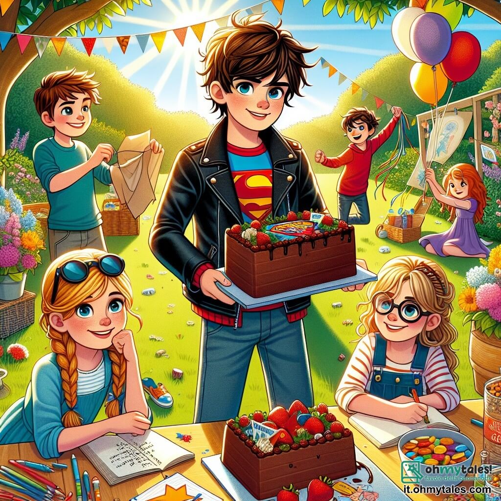 In un giardino soleggiato, quattro bambini di dieci anni si riuniscono per celebrare la festa del papà. Luca, un ragazzo con i capelli castani disordinati e una giacca rossa, tiene una grande torta al cioccolato decorata con supereroi. Alla sua destra, Anna, una ragazza con i capelli biondi intrecciati, appende festoni colorati agli alberi, con un grande sorriso. A sinistra, Marco, un ragazzo con occhiali leggermente storti e capelli castani, legge un indizio della caccia al tesoro, concentrato. Infine, Giulia, una ragazza con un cappello blu e occhiali da sole, disegna stelle su un cartellone, seduta sull'erba. Il giardino è pieno di fiori colorati, palloncini e un grande tavolo decorato con piatti di dolci. I raggi del sole illuminano la scena, creando un'atmosfera gioiosa e festosa. I bambini si preparano a sorprendere i loro papà con una festa a tema supereroi, con giochi, risate e una deliziosa caccia al tesoro.