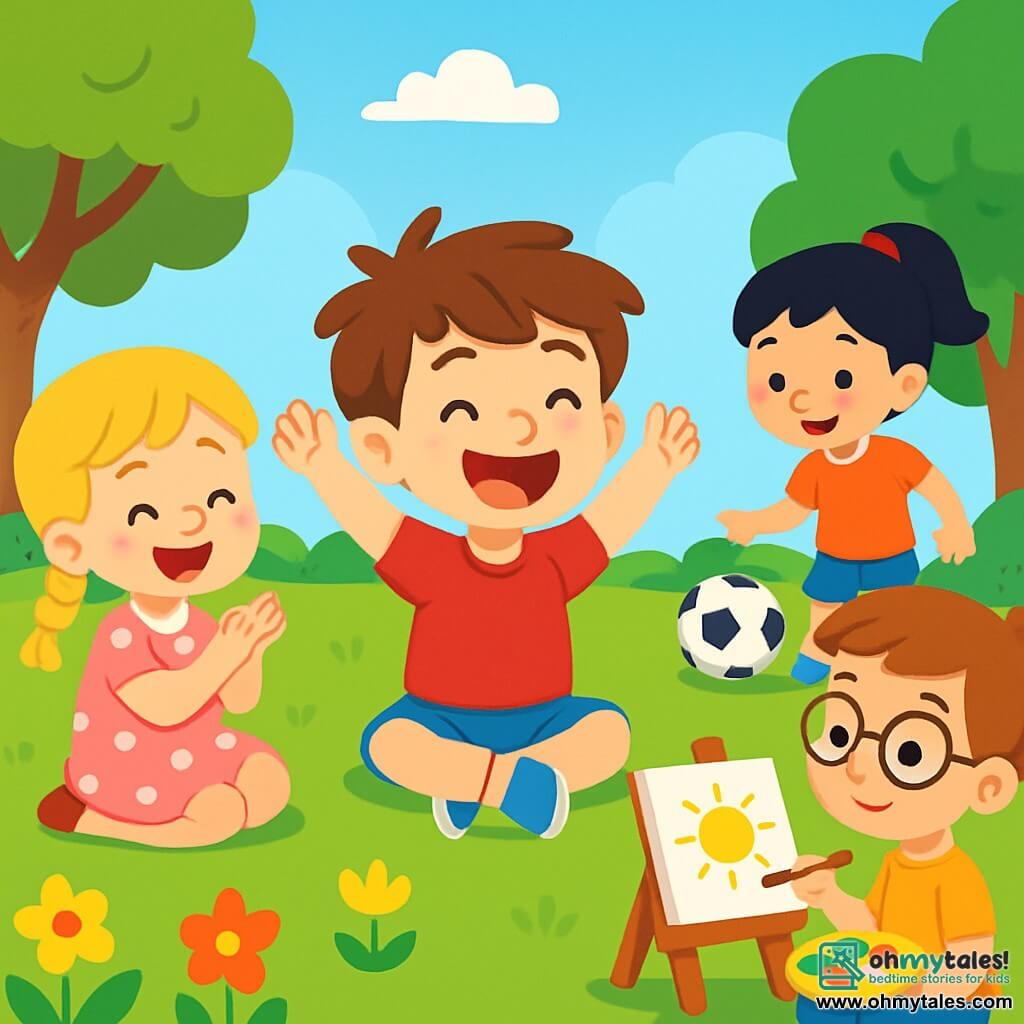 A 4-year-old boy, Tommy, with messy brown hair and a big joyful smile, is sitting on the green grass of the park, surrounded by his friends. He is wearing a red t-shirt and blue shorts, raising his arms in excitement. Next to him, Lily, a 4-year-old girl with braided blonde hair and a pink polka dot dress, is clapping with a bright smile, ready to share her club idea. Sam, a 4-year-old boy with brown hair and round glasses, is sitting and painting on a canvas, while Mia, a 4-year-old girl with a ponytail, is dribbling a soccer ball nearby. The park is filled with colorful flowers, lush trees, and a bright blue sky, creating a joyful and welcoming atmosphere. In the center of the image, the children are gathered in a circle, enthusiastically discussing their new club, each expressing their creativity and happiness, illustrating gender equality in play and friendship.
