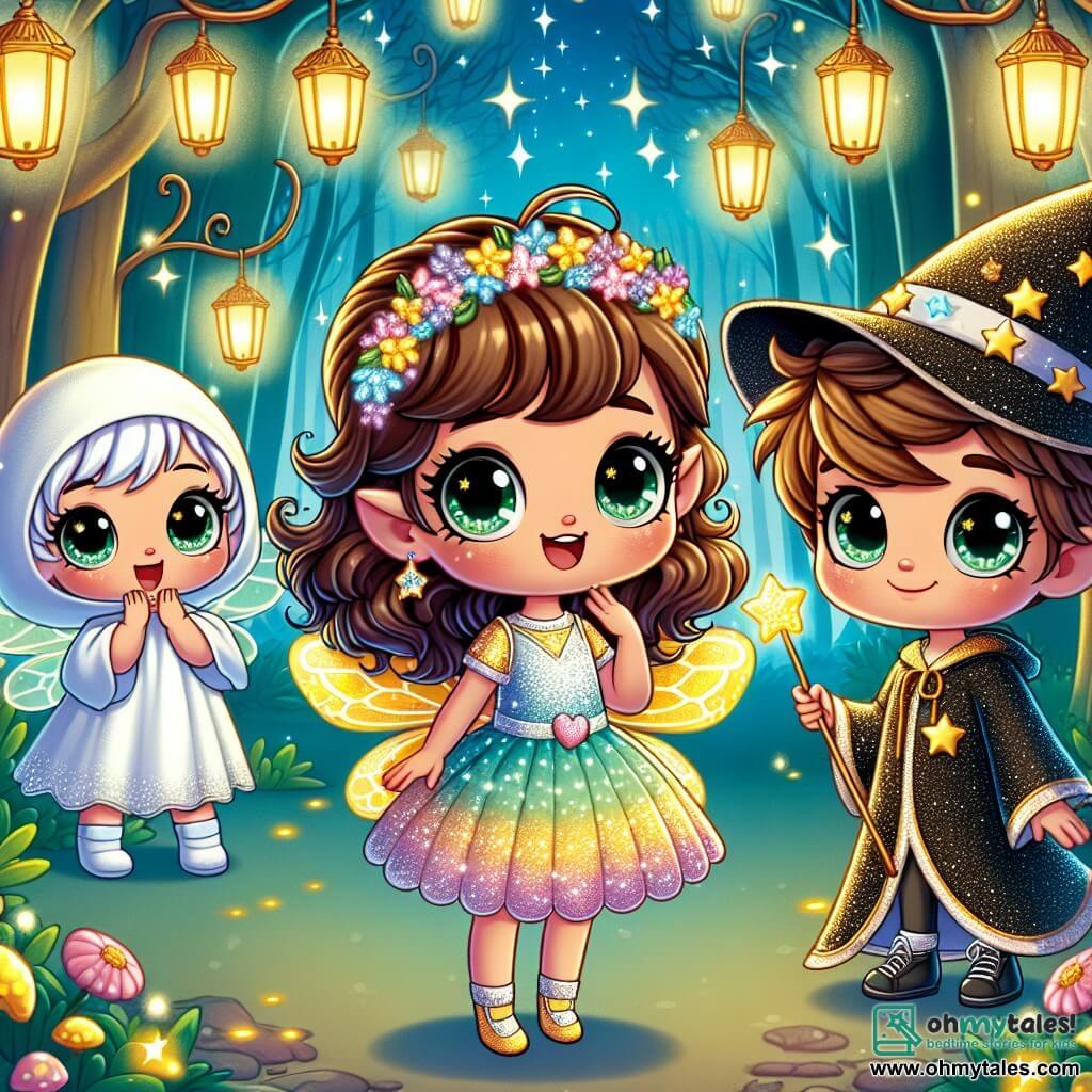 A 7-year-old girl, Lily, with curly brown hair and sparkling eyes of joy, wears a beautiful shimmering fairy dress and shiny wings. She smiles in wonder, holding a magic wand in her hand, ready to explore a magical world. Next to her, Mia, also 7, is dressed as a little witch with a black pointed hat and a starry gown. She looks at Lily with a big smile, holding a small broom decorated with glitter. Jake, a 7-year-old boy, is dressed in a white sheet as a ghost, his big round eyes showing a mix of excitement and nervousness. He stands a bit back, observing curiously. The setting unfolds in an enchanted forest, where trees with sparkling trunks rise to the sky, adorned with glowing lanterns and golden leaves that shine like stars. Magical creatures, like fairies and fantastic animals, hide in the bushes, adding a touch of mystery to the environment. The main scene shows Lily and her friends discovering a magical mirror that glows with mysterious light as they prepare to enter a world filled with adventures and surprises. The bright colors and enchanting details create a joyful and captivating atmosphere, perfect for a Halloween story.