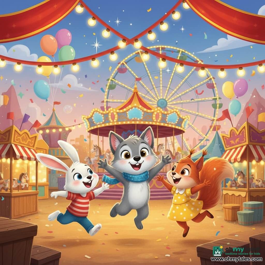 The main character is Wally, a cheerful anthropomorphic gray wolf with soft fur, big bright eyes and a sparkling blue scarf, jumping with arms outstretched to embrace his friends; secondary characters: Benny the white rabbit with pink ears, a red-and-white striped t-shirt, running toward Wally on his left, and Clara the red squirrel with a bushy tail and a yellow polka-dot dress, hopping on her tiptoes to his right; the scene is a colorful twilight carnival with red-and-gold banners, wooden stalls, warm string lights, pastel balloons, a carousel and Ferris wheel in the background; the three friends reunite joyfully at the base of the Ferris wheel under twinkling lights with confetti and bubbles floating around, festive warm atmosphere, vivid palette and clean vector-style lines.