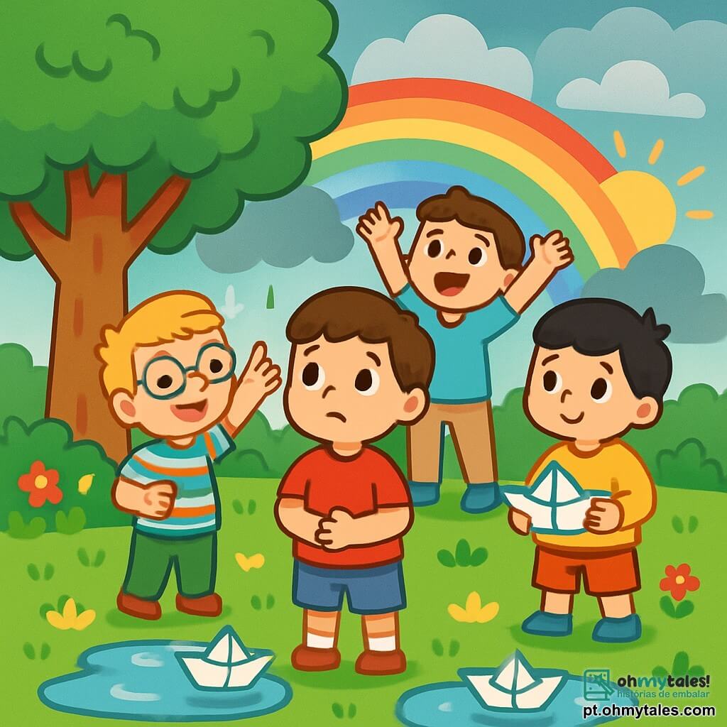 Há 4 crianças: - Miguel: um menino de 4 anos com cabelo castanho e olhos brilhantes. Ele usa uma camiseta vermelha e um short azul, está no centro, um pouco preocupado, olhando para o céu nublado. - Tomás: um menino de 4 anos com cabelo loiro e óculos redondos. Ele veste uma camisa listrada e uma calça verde, está à esquerda de Miguel, sorrindo e apontando para as nuvens. - Rafael: um menino de 4 anos com cabelo preto e bochechas redondas. Ele usa um moletom amarelo e um short laranja, está à direita de Miguel, segurando um pedaço de papel para fazer um barco. - Lucas: um menino de 4 anos com cabelo castanho e um grande sorriso. Ele veste uma camiseta azul clara e uma calça bege, está atrás de Miguel, levantando os braços, feliz por ver o sol surgindo entre as nuvens. O lugar é um parque verde, com uma grande árvore de folhagem densa, flores coloridas ao redor e poças d'água brilhantes no chão após a chuva. O céu ainda está levemente nublado, mas um arco-íris começa a aparecer, adicionando cores vibrantes à cena. A situação principal mostra as crianças brincando juntas sob a árvore, com barcos de papel flutuando nas poças d'água. Miguel, embora inicialmente preocupado por causa da chuva, agora sorri ao olhar para seus amigos e o lindo arco-íris acima deles.