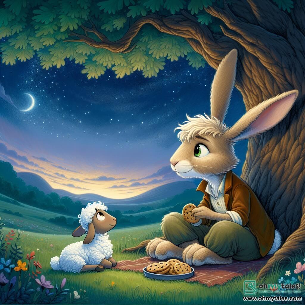 An illustration depicts a young male rabbit with large ears and soft fur, sitting under a large oak tree, wearing a melancholic expression. His eyes shine with a hint of sadness as he holds a plate of cookies in his front paws, gazing at the starry sky with a nostalgic smile. Beside him is a young female sheep with fluffy white wool, gentle eyes, and a comforting expression, resting a paw on the rabbit's shoulder, sharing a moment of tenderness and support. She also looks at the sky, seeming to reflect on happy memories. The scene takes place in a vast green meadow, illuminated by the soft light of dusk, with colorful flowers swaying gently in the breeze. The majestic oak provides comforting shade while stars begin to twinkle, creating a peaceful and magical atmosphere. The main situation shows the two friends sharing a moment of remembrance, raising their cookies to the sky in tribute to a dearly departed person, surrounded by a warm and soothing ambiance. Additional graphic elements include bright stars, multicolored flowers around them, and a gentle breeze rustling the tree's leaves, symbolizing the connection between the earthly world and the sky.