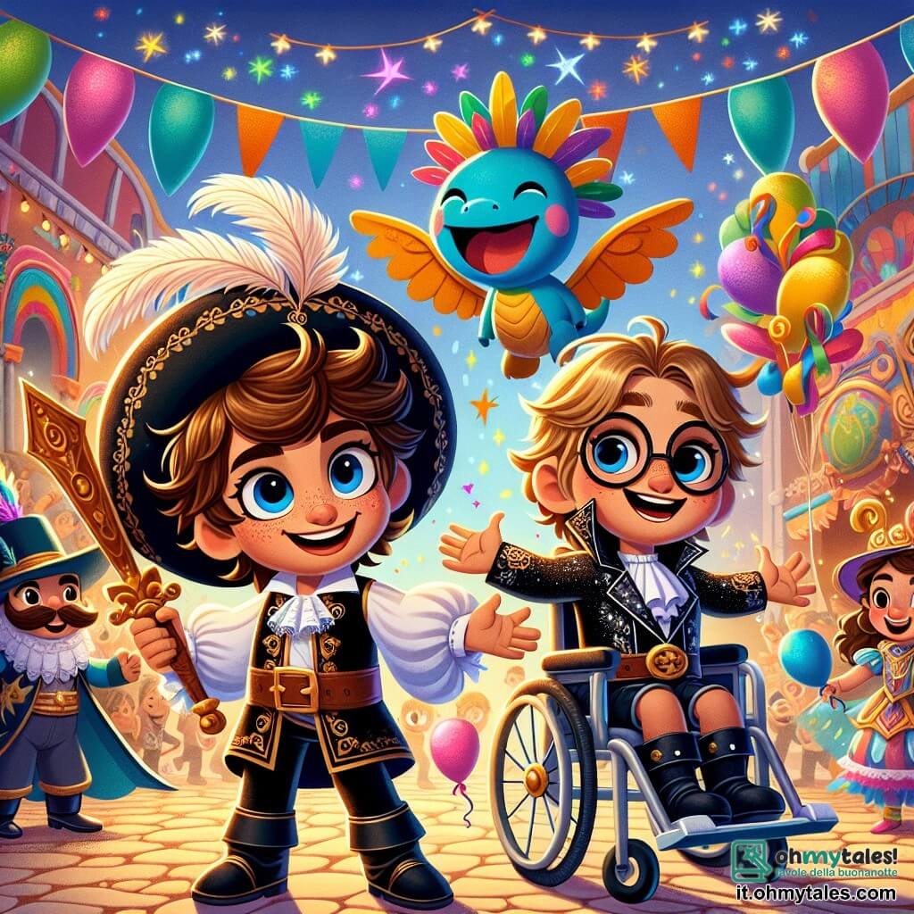 In una scena colorata del carnevale, vediamo tre personaggi principali: Marco, un ragazzo di nove anni con capelli castani e un grande sorriso, indossa un costume da pirata nero e solleva con entusiasmo una spada di legno; Luca, anche lui di nove anni, con capelli biondi e occhiali rotondi, è seduto in una sedia a rotelle decorata con palloncini, indossa un costume da cavaliere di cartone e ride di gusto; Fluffy, un piccolo drago blu con squame scintillanti e grandi ali, vola felicemente sopra di loro lanciando stelle filanti colorate. La scena si svolge in una piazza animata, piena di decorazioni festive, con bandierine colorate nel cielo e bambini in costume che ballano. Marco e Luca danzano con Fluffy, mentre i fuochi d'artificio illuminano i loro volti meravigliati.