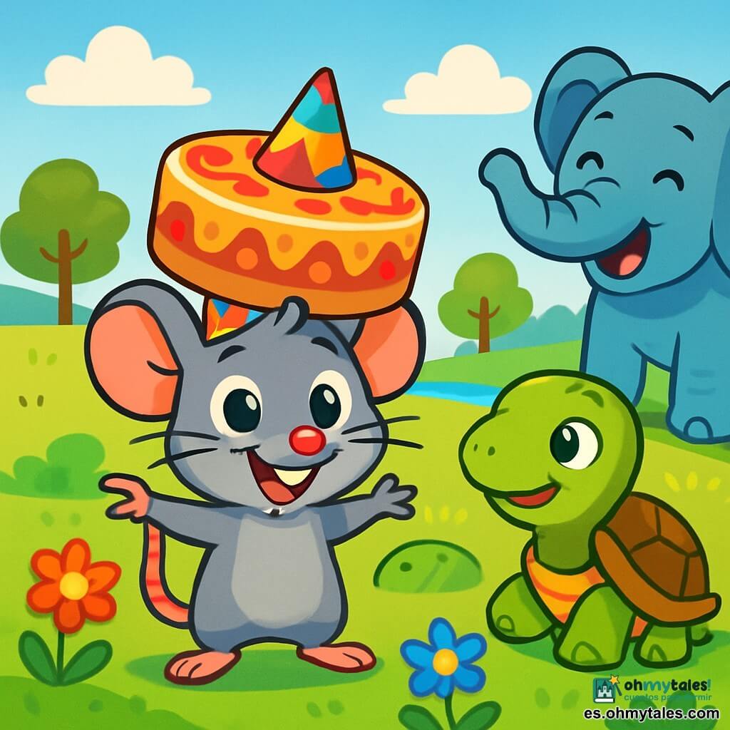 Un pequeño ratón llamado Malín, con grandes ojos brillantes y bigotes moviéndose, se encuentra en el centro de la imagen, con una amplia sonrisa de sorpresa en su rostro. Lleva un pequeño sombrero de papel decorado con colores vivos y sostiene un pastel redondo, con motivos de mermelada colorida, en su cabeza como un sombrero divertido. A su lado, una tortuga llamada Trufa, con un caparazón brillante y ojos dulces, mira a Malín con una expresión divertida, sentada sobre la hierba verde. Un elefante amigable, con grandes orejas y una trompa curiosa, está al fondo, riendo de la situación. El escenario es un campo soleado, salpicado de flores brillantes y pequeños árboles, con un cielo azul claro y algunas nubes esponjosas. En la distancia, se puede ver un pequeño arroyo brillante. La escena muestra a Malín, el ratón, con el pastel en la cabeza, rodeado de sus amigos animales, todos riendo y divirtiéndose juntos en un momento de alegría y camaradería.