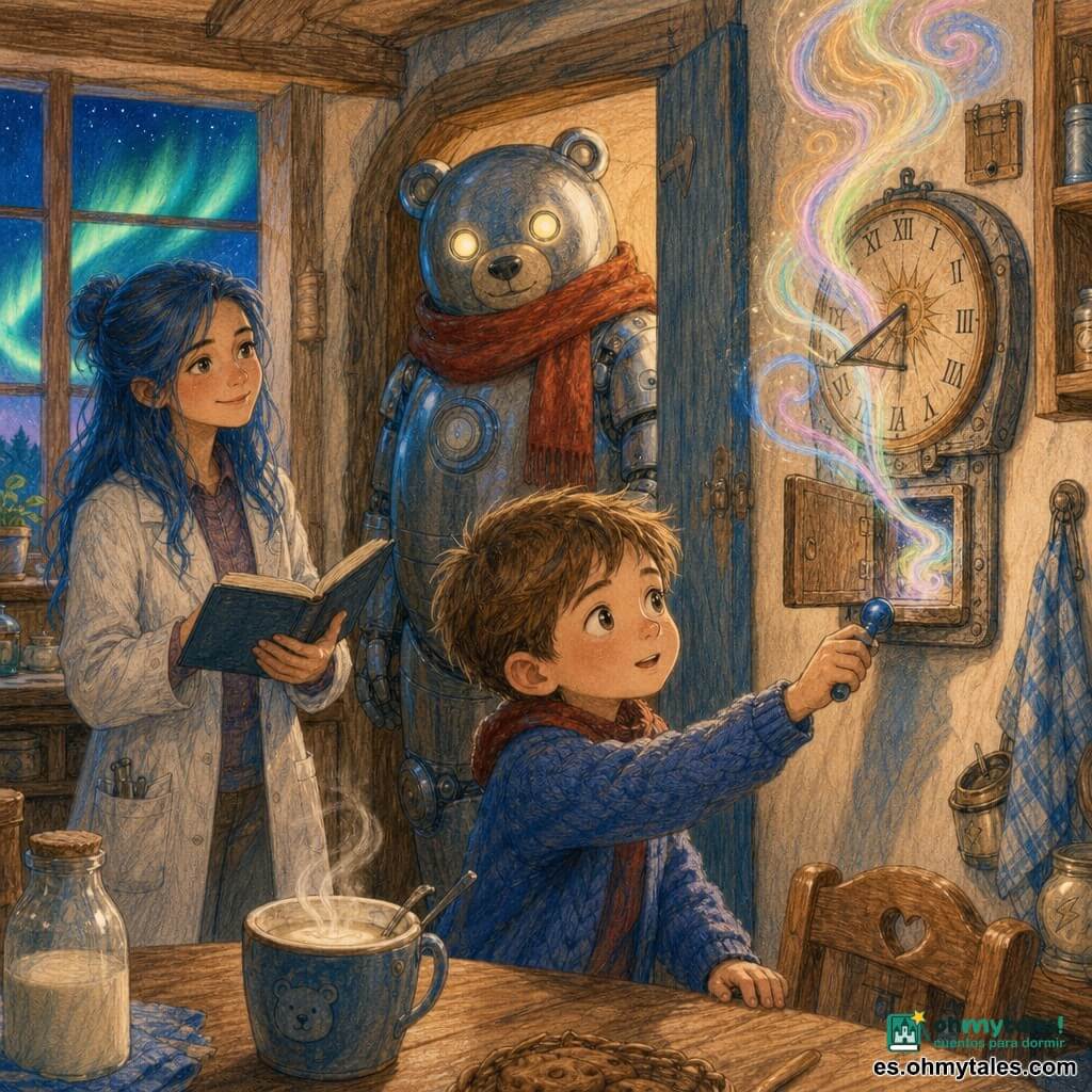 Un niño de 6 años de rostro redondo, pelo castaño corto, ojos grandes y curiosos y expresión sonriente de sorpresa sostiene con delicadeza una pequeña palanca azul brillante bajo un viejo reloj de sol en la pared de la cocina; una científica de unos 30 años con el pelo largo teñido de azul y bata blanca algo arrugada observa desde una mesa sosteniendo un cuaderno abierto; un robot-oso amistoso de metal pulido con ojos luminosos y una gran bufanda roja vigila en la puerta; la cocina, cálida y sencilla, tiene una mesa de madera clara, una taza de leche humeante y una ventana con un cielo verde-azulado como una aurora; al activar el niño la palanca, del reloj surge una luz en espiral de colores, capturando el instante mágico y sereno del inicio de un viaje en el tiempo, con texturas de madera, reflejos metálicos y hilos de luz nítidos.