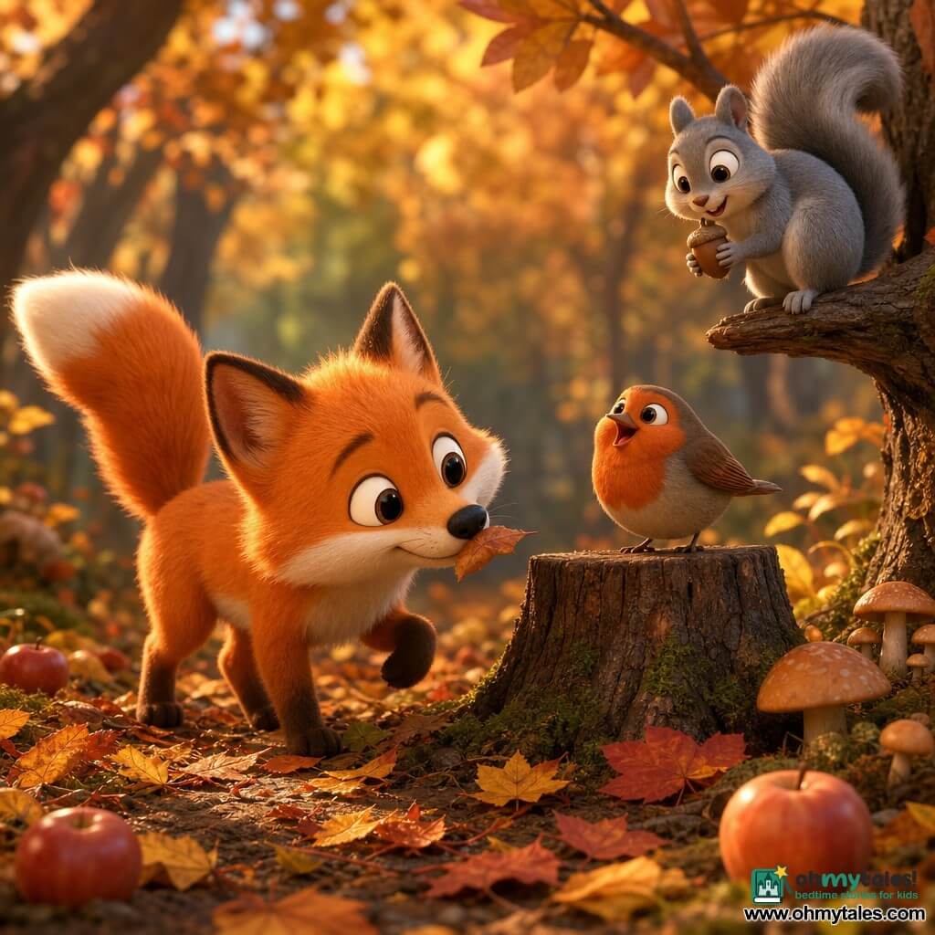 Small round red fox with fluffy bright orange fur, white chest and large shiny round eyes, curious content expression, sniffing a damp leaf and wagging its bushy tail; light gray squirrel with nimble paws, playful look, holding an acorn on a low branch to the fox's right; robin with reddish-brown round body perched on a stump in front of the fox, looking cheerful and singing softly; forest path covered in thick orange, yellow and red leaves, dark wet earth, a few fallen apples and round mushrooms, soft golden autumn afternoon light; simple tactile scene of the fox walking gently on crackling leaves, shrugging with pleasure, calmly interacting with the squirrel and robin around a small clearing.