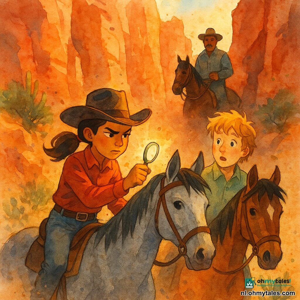 Een jonge cowgirl, bruin haar in een staart, geconcentreerd en vastberaden, met samengeknepen ogen houdt een klein glanzend spiegeltje en rijdt een grijs paard genaamd Maan met rechte, rustige houding; naast haar staat een 16‑jarige ruiter, een jongen met rond verbaasd gezicht en warrig blond haar, op een vosachtig paard, starend vol bewondering; op een lage heuvel daarachter staat Hank, circa 45, met volle snor en ernstige beschermende blik, de teugel van een paard in de hand terwijl hij toekijkt. De scène speelt zich af in een Spleetkloof met rood‑okerachtige rotswanden, smalle spleten, saliebosjes en doornencactussen, fijne stof in de ochtendzon. De cowgirl gebruikt lichtreflectie om dieven in de schaduw van de kloof te verrassen; stille spanning, vallende kiezelstenen, lichtstralen en lange schaduwen; compositie gecentreerd op de voorgrondfiguren, omkaderd door rotsen, in een warme aquarelpalet (rood, oker, geel) met koele accenten voor schaduwen en stofsprenkelingen.