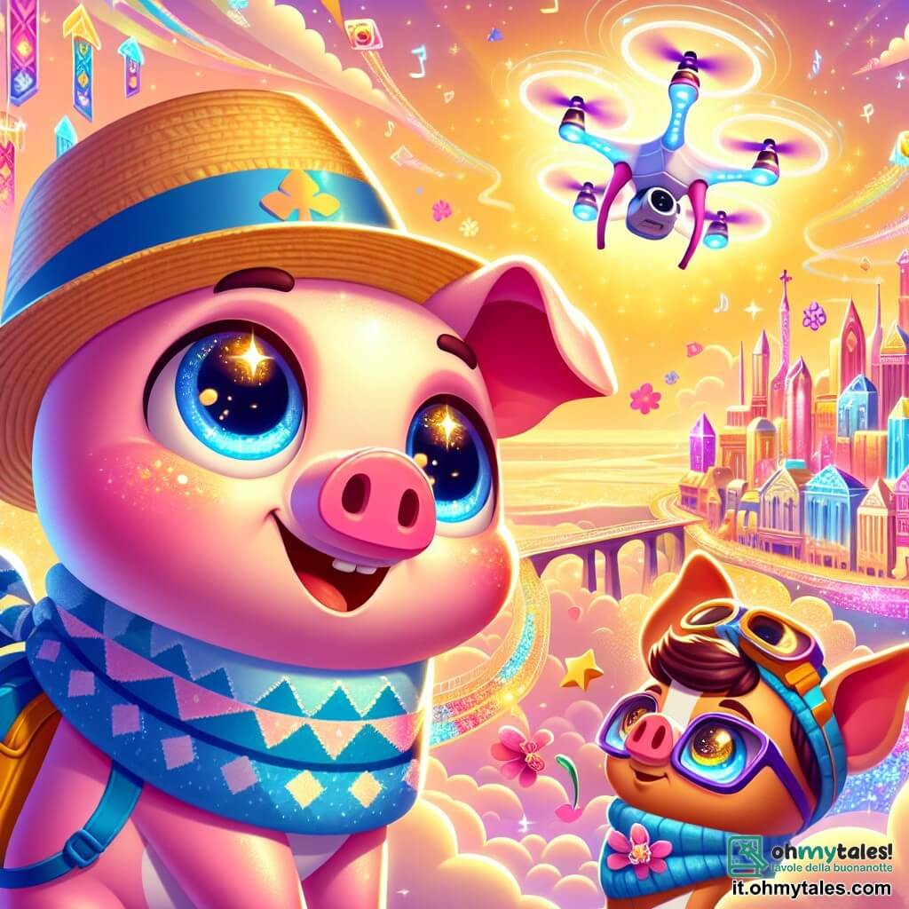 In primo piano, Rosino, un piccolo maiale rosa con occhi scintillanti e un sorriso curioso, indossa un cappello di paglia e tiene un drone lucente tra le zampe. Sembra eccitato e determinato, pronto a esplorare l'ignoto. Accanto a lui, Pallino, un altro maialino, è un po' più grande, con occhiali futuristici e uno zaino pieno di gadget colorati. Guarda il cielo con meraviglia, osservando il suo drone che vola sopra di loro. Mattone, il più saggio dei tre, è un maiale marrone con una sciarpa blu, tiene una bussola scintillante e ha un'espressione concentrata, scrutando l'orizzonte. Sullo sfondo, la città sospesa tra le nuvole è illuminata da un sole dorato, con case di cristallo scintillante e ponti arcobaleno che collegano i vari quartieri. Fiori cantanti e nuvole di zucchero filato fluttuano attorno, creando un'atmosfera magica e gioiosa. La scena principale mostra i tre maialini che si preparano a scegliere il loro cammino tra tre sentieri misteriosi, ognuno che porta a un'avventura diversa, mentre la nebbia misteriosa si infittisce attorno a loro, aggiungendo un tocco di intrigo alla loro ricerca.