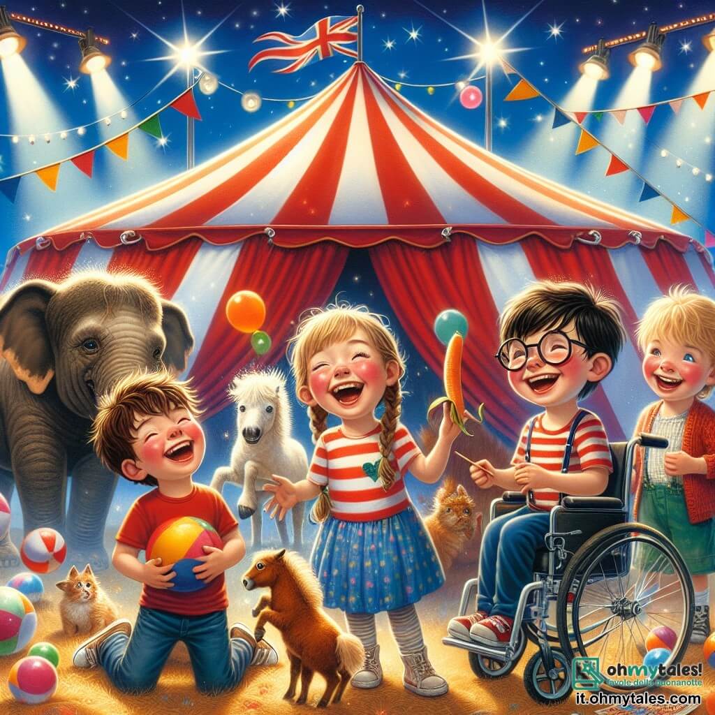 Al centro della scena, quattro bambini si tengono insieme, tutti sorridenti e pieni di energia. A sinistra, Marco, un ragazzo di 10 anni con capelli castani disordinati e una maglietta rossa, fa un gesto comico tenendo una grande banana. Accanto a lui, Sara, una ragazza di 9 anni con capelli biondi intrecciati, ride di gusto tenendo una carota per un pony. A destra, Luca, un ragazzo di 10 anni con occhiali e capelli neri, cerca di giocolare con palle colorate, mentre Giovanni, un ragazzo di 11 anni in sedia a rotelle con capelli castani, sorride felicemente osservando i suoi amici con ammirazione. Il decor è una grande tenda da circo con strisce rosse e bianche sotto un cielo blu. Luci scintillanti illuminano la scena, e animali come un elefante e un pony si trovano sullo sfondo. I bambini stanno preparando un numero comico per lo spettacolo di circo, ridendo e divertendosi insieme, mentre un clown colorato, Bobo, li incoraggia a lanciarsi in gags esilaranti. L'atmosfera è gioiosa e festosa, piena di risate e amicizia.