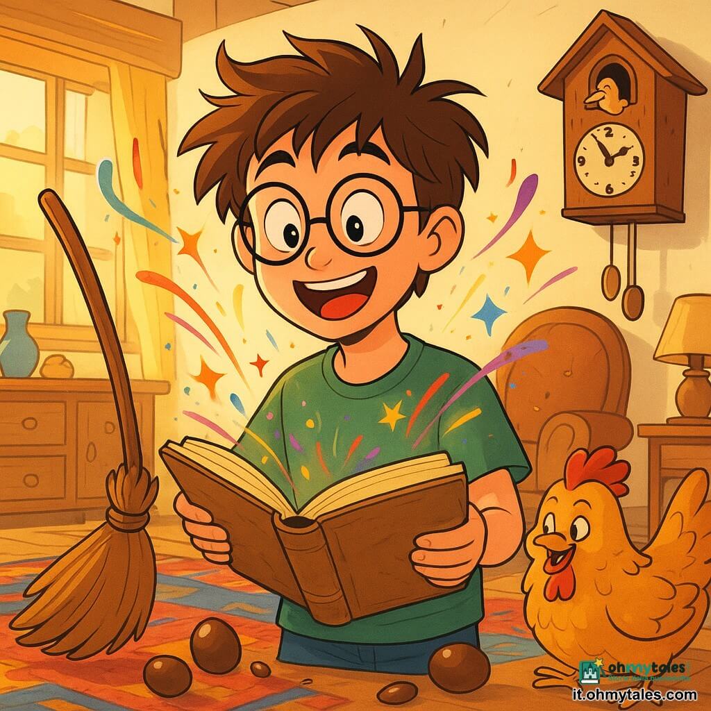 Un ragazzo di 12 anni, con capelli arruffati e occhiali rotondi, è al centro dell'immagine, con gli occhi spalancati dalla sorpresa e un ampio sorriso sul volto. Tiene un vecchio libro dalle pagine ingiallite, mentre una scopa danzante svolazza attorno a lui, proiettando scintille di magia colorata. Accanto a lui, un pollo vivace, con piume dorate e un'aria maliziosa, becca delle uova di cioccolato che rotolano sul pavimento. Sullo sfondo, un vecchio soggiorno in disordine, con mobili in legno, un tappeto colorato e un grande orologio a cucù, da cui esce un altro pollo, aggiungendo un tocco comico alla scena. La stanza è piena di luce, con i raggi di sole che filtrano attraverso una finestra, illuminando i bagliori di magia e le uova di cioccolato sparse. La scena principale mostra il ragazzo meravigliato dal caos magico che lo circonda, mentre la scopa continua a danzare allegramente, creando un'atmosfera sia divertente che fantastica.