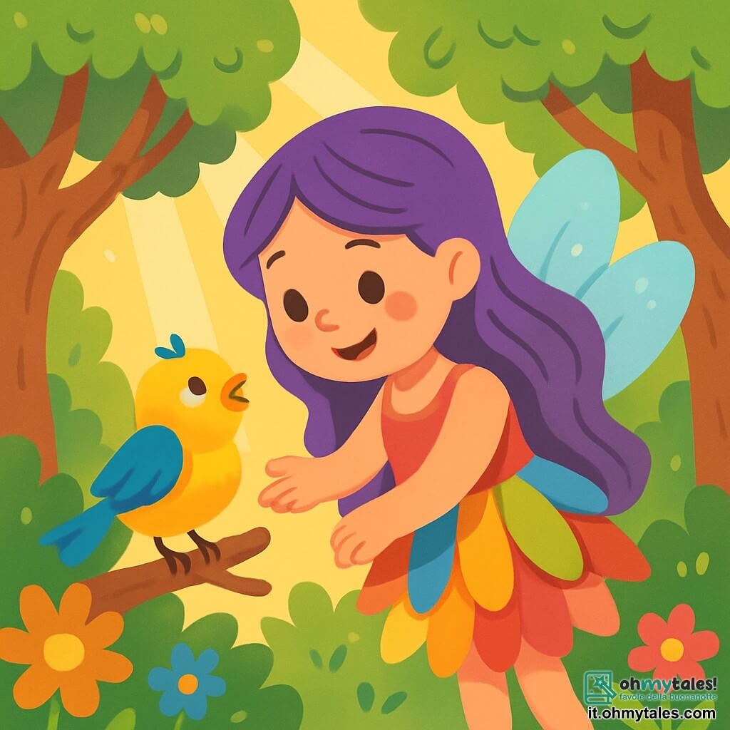 Una dolce fata di nome Lila, una donna con ali scintillanti e lunghi capelli ondulati di colore viola, sorride con tenerezza. Indossa un vestito fatto di petali di fiori multicolori e si china con benevolenza verso un piccolo uccello, i suoi occhi brillano di gioia ed empatia. Accanto a lei, un piccolo uccello dalle piume gialle e blu, con uno sguardo curioso e riconoscente, si trova su un ramo, pronto a provare a volare. Il decor è un magnifico boschetto incantato, pieno di alberi dai tronchi nodosi, fiori vivaci e raggi di sole che filtrano tra le foglie, creando un'atmosfera magica e calorosa. La situazione principale mostra Lila che aiuta l'uccello a ritrovare fiducia in sé, mentre si prepara a spiegare le ali per la prima volta, circondato da un'atmosfera di sostegno e amicizia.