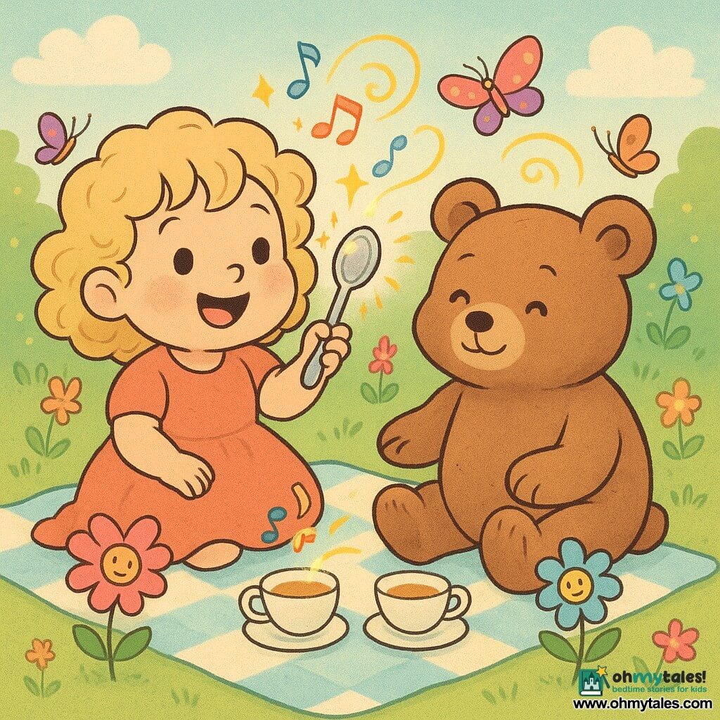 A joyful, wide-eyed 2-year-old girl with curly blond hair holds a small sparkling spoon that emits golden sparks and musical notes; beside her on a blanket sits a big brown teddy bear raising a paw as if to sip tea, while bright flowers with tiny legs dance, colorful butterflies spiral, and a round old teapot pours shimmering tea into miniature cups in a sunny garden, creating a playful, magical tea party.