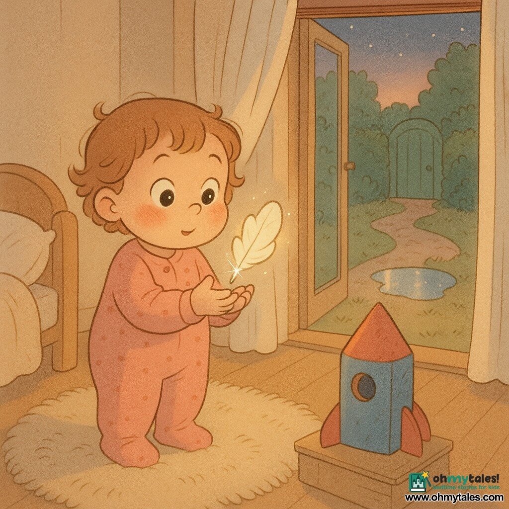 A 2-year-old girl with a round face, rosy cheeks and short light-brown curls stands on a fluffy rug in a cozy twilight bedroom, holding a cloud-like white feather with a silvery center and sparkling tip that hovers above her hand as she tenderly watches it; beside her on the porch is a worn blue-and-red cardboard rocket, and through the open window a garden with a paved path, a mirror-like puddle and a green gate offer three paths she seems to hesitate between, all rendered in soft pastel tones, warm dusk light, gentle shadows and rounded, pencil-textured comic style.