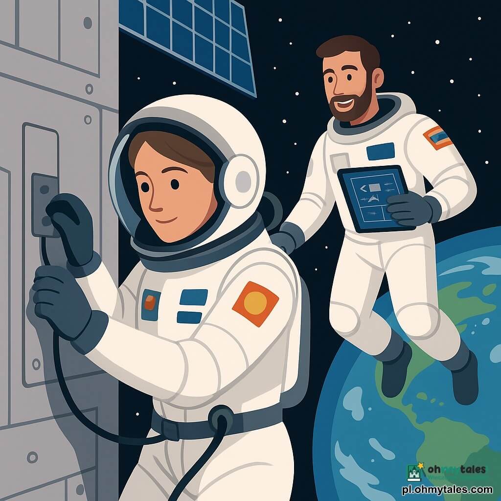 Kobieta-ok.28 lat, astronautka o łagodnej, skupionej twarzy i spokojnym uśmiechu, jasne oczy; w białym skafandrze z kolorowymi naszywkami, rękawicami i częściowo podniesionym hełmem, precyzyjnie mocuje małe metalowe narzędzie do uchwytu na zewnątrz stacji, trzymając taśmę zabezpieczającą; mężczyzna-ok.32 lata (Arun), lekko brodaty astronauta, z zachęcającym wyrazem twarzy unosi się za nią z tabletem ze schematem, gotów pomóc na wyciągnięcie ręki; tło: srebrna ścianka i niebieskie panele słoneczne stacji z widocznymi śrubami i uchwytami, głęboka czarna przestrzeń usiana małymi białymi gwiazdami, Ziemia zajmuje dużą część kadru z niebieskimi oceanami, białymi chmurami i zielonymi wybrzeżami oświetlona z boku; scena spokojna i skrupulatna — astronautka czyści niewielki osad i solidnie przymocowuje narzędzie, panuje skupienie, delikatne światło projektora.