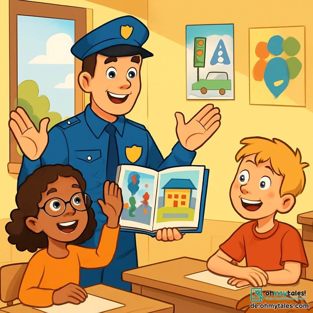 Ein lächelnder Polizist, ein Mann in seinen Dreißigern, trägt eine leuchtend blaue Uniform mit einem glänzenden Abzeichen auf der Brust. Er hat kurzes braunes Haar und strahlende Augen. Er steht vor einer Klasse junger Schüler und gestikuliert begeistert, während er ein großes illustriertes Buch über Sicherheit hält. Neben ihm hebt ein 10-jähriges Mädchen, Amira, mit lockigem Haar und Brille, lächelnd die Hand, bereit eine Frage zu stellen. Ein 11-jähriger Junge, Leon, mit blonden Haaren und Sommersprossen, sitzt auf seinem Stuhl, die Augen weit aufgerissen vor Aufregung, bereit, eine Idee zu teilen. Die Szene spielt in einem hellen Klassenzimmer mit gelben Wänden und bunten Plakaten zur Verkehrssicherheit und zum Respekt gegenüber anderen. Holztische sind in Reihen angeordnet, und ein großes Fenster lässt Sonnenlicht herein. Der Polizist Paul erklärt den Kindern, wie sie ihre Schule sicherer machen können, während die Schüler aufmerksam zuhören, gefesselt von seinen Geschichten und Ratschlägen.
