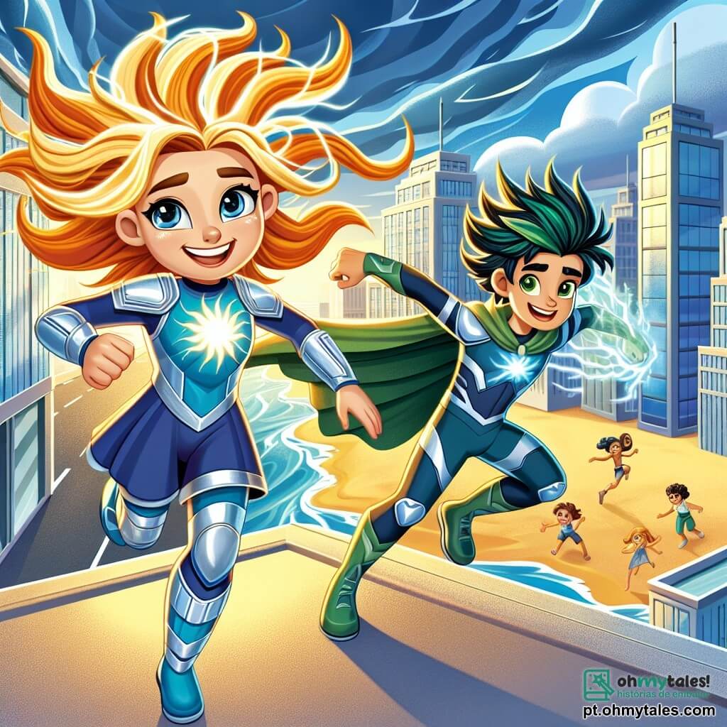 RayoLuz, uma jovem super-heroína de cerca de 12 anos, tem cabelos longos e brilhantes como raios de sol. Ela veste um uniforme azul profundo e prateado, com um rosto que expressa determinação alegre e olhos brilhando de excitação. Ela salta graciosamente de um prédio para outro, em uma postura dinâmica e confiante. Ventâneo, um garoto de 13 anos, é seu rival e amigo. Com cabelos desgrenhados de cor verde esmeralda e uma capa que flutua ao vento, ele cria correntes de ar ao seu redor, sorrindo travessamente, enquanto está em um telhado vizinho, pronto para ajudar. O cenário é a cidade de Lumínia, com arranha-céus brilhantes sob um céu azul radiante e uma praia urbana ao fundo, onde crianças brincam na areia dourada e ondas suaves quebram na costa. A situação principal mostra RayoLuz e Ventâneo unidos diante de uma tempestade de areia dourada que ameaça a cidade, prontos para desativar um misterioso dispositivo brilhante no centro da tempestade, demonstrando coragem e trabalho em equipe.