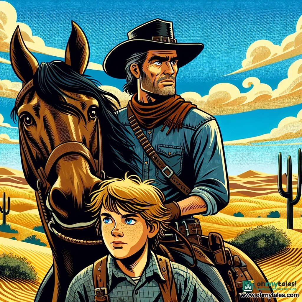 A cowboy in his thirties, wearing a black felt hat and a denim shirt, stands firmly on his horse, a large brown stallion named Whiskey. His face shows determination, and his eyes shine with courage as he scans the horizon. Beside him is a 12-year-old boy named Billy, with messy blonde hair and dusty clothes, looking on with admiration and a mix of worry, gripping Whiskey's mane. The backdrop is a vast desert landscape, with golden sand dunes stretching as far as the eye can see under a bright blue sky dotted with a few white clouds. In the distance, twisted mesquite trees rise, and the air is filled with heat. The scene captures the moment when Red and Billy, having just escaped a group of bandits, prepare to continue their journey to Silver Gulch, determined to face the dangers of the desert.
