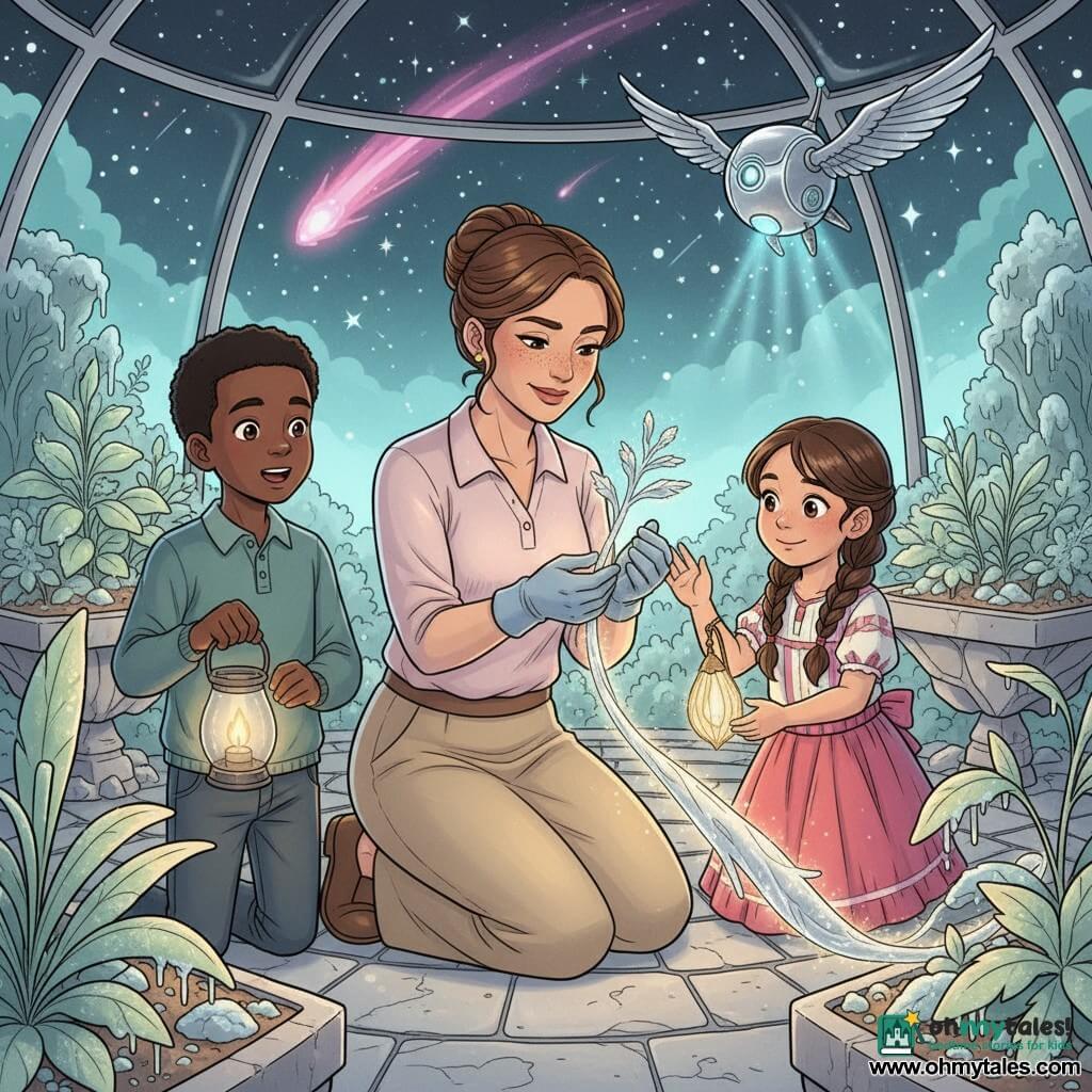 Asha, a ~35-year-old woman with a gentle freckled face and brown hair in a bun, kneels smiling and holds a small silver sprout in gloved hands; Nira, a small luminous silver plant-creature with sparkling threadlike ribbons, extends a glowing tendril to the ground and emits a warm light; Lyra, a compact silver drone-bird with metallic feathers, hovers above with a soft blue glow; a 9-year-old boy with short black hair stands to Asha’s left holding a smoked-glass lantern and singing in wonder, while an 8-year-old girl with braided hair and a colorful dress stands to her right offering a small feather-lamp with golden threads and touching a frosted leaf; the scene is a lunar garden under a translucent dome with floating beds of phosphorescent plants, semi-frozen greenery, silver stone paths, and a starry sky with pink comets and teal nebulae, showing Asha and Nira weaving warm light to gently melt the frost as the children and drone assist in a tender, luminous, hopeful healing moment.
