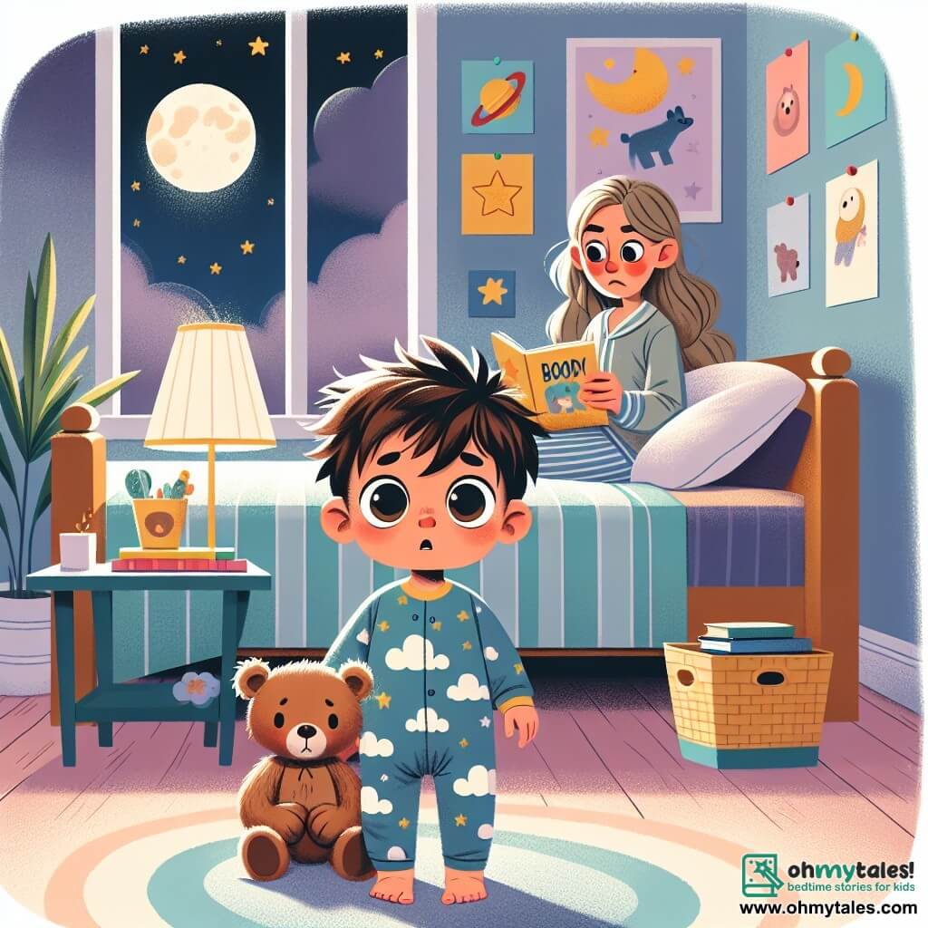 A one-year-old boy with messy brown hair and big curious eyes stands in his room, looking both fearful and amazed at the soft light of his star-shaped nightlight. He wears a blue pajama with cloud patterns and tightly holds his teddy bear. His mother, a woman in her thirties with long blonde hair, sits on the bed reading him a story with a reassuring smile, surrounded by colorful books. She wears a cozy sweater and leggings. The room is decorated with pastel walls, posters of planets and animals, and a fluffy rug on the floor. A window lets in moonlight, creating a soft and soothing atmosphere. The main scene shows the little boy, slightly anxious but comforted by his mother's presence and the nightlight, ready to dive into a world of dreams while listening to the story.