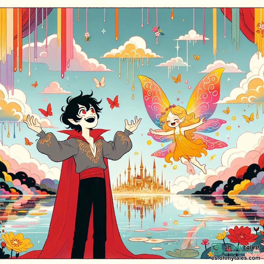Valerio, un pequeño vampiro de 8 años con cabello negro desordenado y ojos llenos de curiosidad, está al borde de un lago mágico. Lleva una capa roja que flota suavemente en el viento, y su rostro expresa una inmensa alegría mientras admira el reflejo de las nubes en el agua. A su lado, Lila, una pequeña hada con alas brillantes y cabello dorado, vuela alegremente. Tiene alrededor de 6 años, con un vestido hecho de pétalos de flores coloridas, y sonríe mostrando las cascadas de colores detrás de ella. El decorado es un reino flotante, lleno de nubes esponjosas, castillos dorados suspendidos en el aire y flores cantantes que bailan al ritmo del viento. La escena principal muestra a Valerio y Lila compartiendo un momento de felicidad, riendo juntos al borde del lago, rodeados de la magia de su mundo fantástico.