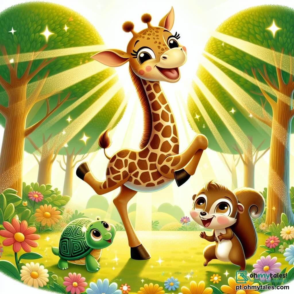 Uma girafa alegre chamada Gigi, com um longo pescoço manchado e um grande sorriso, dança no centro de uma clareira ensolarada, cercada por flores coloridas e árvores com folhas verdes brilhantes. À sua direita, um pequeno esquilo chamado Tico, com pelagem marrom e olhos brilhantes, salta de alegria aplaudindo, enquanto à sua esquerda, uma tartaruga sábia e sorridente, com uma carapaça verde decorada, se move lentamente, olhando Gigi com admiração. A cena ocorre em uma floresta encantada, onde os raios de sol penetram através dos galhos, iluminando a clareira com uma luz dourada e criando uma atmosfera mágica. Gigi e seus amigos celebram juntos a alegria da amizade e da dança, rindo e se divertindo em um ambiente festivo e colorido.