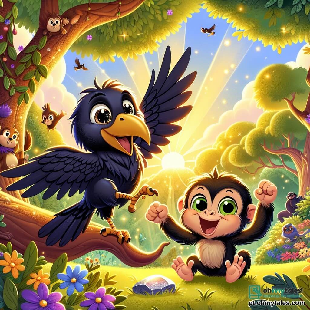 Um corvo chamado Cacau, com plumagem preta brilhante e olhos curiosos, está empoleirado em um galho, com o bico levemente aberto e um grande sorriso no rosto, expressando uma alegria contagiante. Ao seu lado, uma macaca travessa chamada Mimi, com pelagem marrom e olhos travessos, faz piruetas no ar, com os braços estendidos para o céu, cheia de energia e felicidade. Ao fundo, uma floresta exuberante banhada por luz dourada, com árvores majestosas, flores coloridas e um céu azul salpicado de nuvens brancas, criando uma atmosfera mágica. A cena mostra Cacau e Mimi descobrindo uma pequena pedra brilhante no chão, cercados por uma infinidade de animais da floresta que os observam com curiosidade, prontos para viver uma aventura cheia de risos e surpresas.