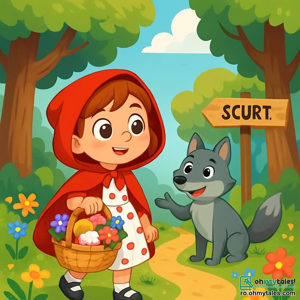 Scufița Roșie, o fetiță veselă de aproximativ 8 ani, poartă o pelerină roșie strălucitoare care contrastează cu rochia ei albă cu buline roșii. Are ochi mari și strălucitori și un zâmbet curios, ținând un coș de nuiele plin cu flori colorate și prăjituri delicioase. Lângă ea se află un lup prietenos, cu blană gri și ochi sclipitori, care pare să-i arate un drum prin pădure. Scena se desfășoară într-o pădure fermecată, unde copacii majestuoși cu trunchiuri groase se ridică spre un cer albastru presărat cu nori albi pufoși. Flori sălbatice colorate acoperă solul, iar razele soarelui filtrează prin frunze, creând o atmosferă magică. Situația principală o arată pe Scufița Roșie ezitând între a urma calea tradițională spre casa bunicii sale sau a explora scurtătura propusă de lup, ilustrând astfel curajul și curiozitatea ei.