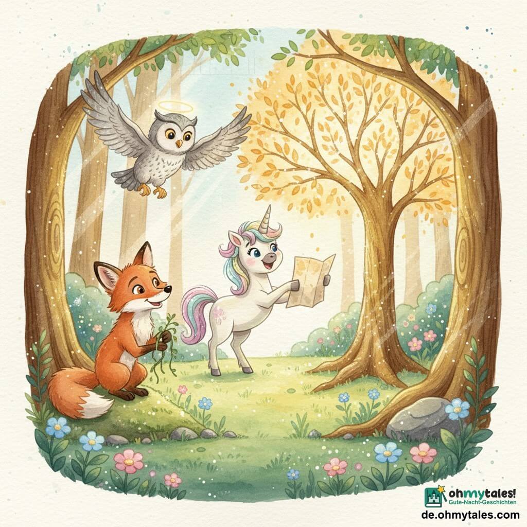 Lila, ein kleines Einhorn mit irisierendem perlmuttfarbenem Fell und pastellfarbener Mähne, lächelt erstaunt und streckt ein Huf zu einem leuchtenden Baum, während sie eine sanft glühende Karte öffnet; Max, ein roter Fuchs mit strukturiertem Pelz und schelmischen Augen, hockt links auf Moos, stolz die Szene beobachtend und zerknitterte Lianen haltend; Mia, eine Eule mit fein gezeichneten grau-weißen Federn, fliegt über ihnen, wachsam und gelassen und wirft einen kleinen Lichtschein; Schauplatz ist eine Lichtung im verwunschenen Wald mit gepolsterter grüner Wiese, leuchtenden blauen und rosa Blumen, alten Stämmen mit goldener Rinde und schrägen Sonnenstrahlen; die Freunde entdecken die Lichtquelle — einen großen Baum mit goldenen Ästen und schillernden Blättern, warme magische Atmosphäre, zentrierte Komposition, sanfte Farben und Lichtkontraste, die das Staunen betonen.