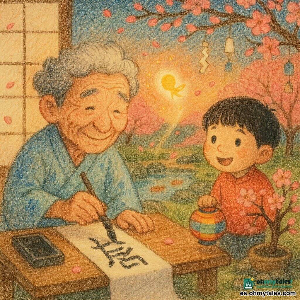 Un anciano llamado Genjiro, de rostro arrugado y cabello gris, vestido con un kimono azul pálido manchado de tinta, está sentado junto a una ventana de papel trazando caracteres con un pincel; a su derecha un niño de unos siete años con pelo negro y camisa roja observa maravillado junto a un bonsái de cerezo sosteniendo un farolillo de papel; sobre el pincel flota una pequeña luz espiritual amarilla pálida con chispas y pétalos rosas que parece guiar la mano de Genjiro; todo ocurre al crepúsculo en un jardín japonés con ramas de cerezo en flor, piedras húmedas, un estanque donde nadan peces dorados y banderolas y campanillas de papel que se mecen al viento, atmósfera serena, colores cálidos y textura de lápiz de color.