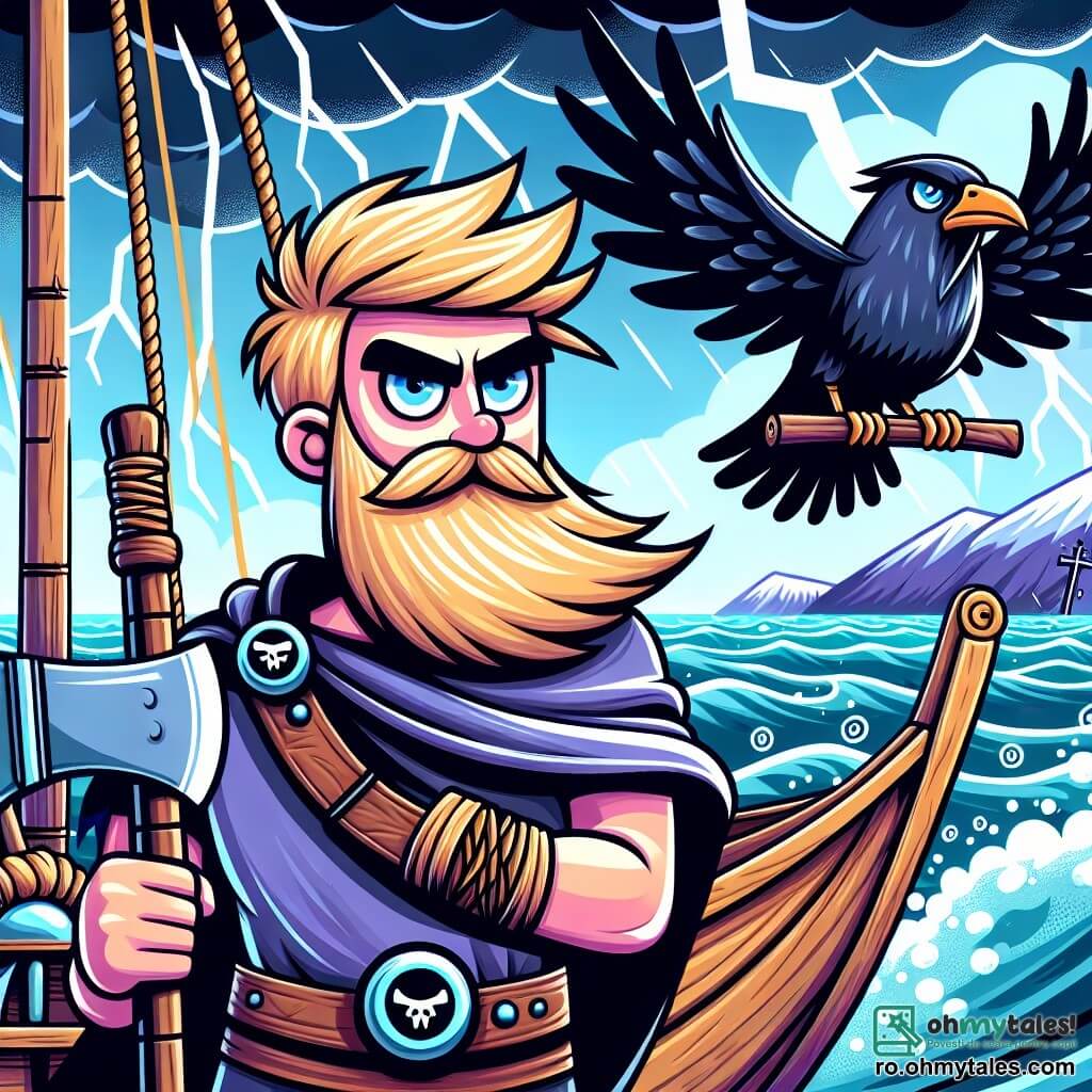 Erik, un viking de aproximativ treize ani, stă mândru pe puntea drakkarului său, având părul blond ca grâul și o barbă bine tunsă. Privirea îi este determinată și curioasă, în timp ce ține ferm toporul, pregătit să înfrunte necunoscutul. Lângă el, un corb negru pe nume Huginn, cu pene strălucitoare și ochi pătrunzători, zboară în cerc deasupra lui, ca un mesager al zeilor. Drakkarul navighează pe o mare agitată, înconjurată de munți acoperiți de zăpadă care se ridică măreț la orizont, sub un cer furtunos în care fulgerele iluminează norii întunecați. Erik înfruntă furtuna, cu fața luminată de fulgere, pregătindu-se să trăiască o mare aventură, cu vântul bătându-i fața și valurile stropindu-i bărcuța.