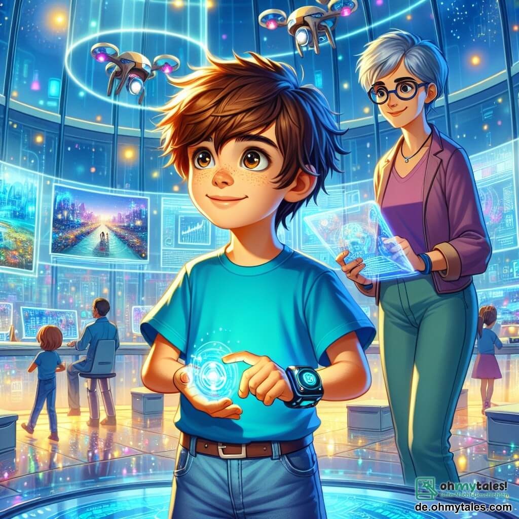 Ein 12-jähriger Junge namens Finn mit zerzausten braunen Haaren und neugierigen Augen steht im Mittelpunkt der Szene, ein staunendes Lächeln auf dem Gesicht. Er trägt ein leuchtend blaues T-Shirt und eine Jeansshorts und hält ein kleines, glänzendes Gerät an seinem Handgelenk. An seiner Seite beobachtet Dr. Archer, eine Frau in ihren Dreißigern mit futuristischen Brillen und kurzen silbernen Haaren, Finn mit einem ermutigenden Blick, während sie Notizen auf einem holographischen Tablet macht. 

Die Szene spielt in einem weiten Technologielabor, gefüllt mit transparenten Glaswänden, funkelnden Lichtern und schwebenden Hologrammen, die Daten und Modelle der futuristischen Stadt Lumina darstellen. Riesige Bildschirme zeigen Bilder der Stadt, während Drohnen sanft über ihnen fliegen.

Finn aktiviert den Helix-Projektor, und eine Explosion von Farben und holographischen Lichtern entfaltet sich um sie herum und projiziert 3D-Bilder der Stadt. Die Hauptsituation zeigt Finn, der die Wunder der Technologie entdeckt, sein Gesicht erleuchtet von Faszination und Staunen, während er diese neue Dimension seiner Stadt erkundet.
