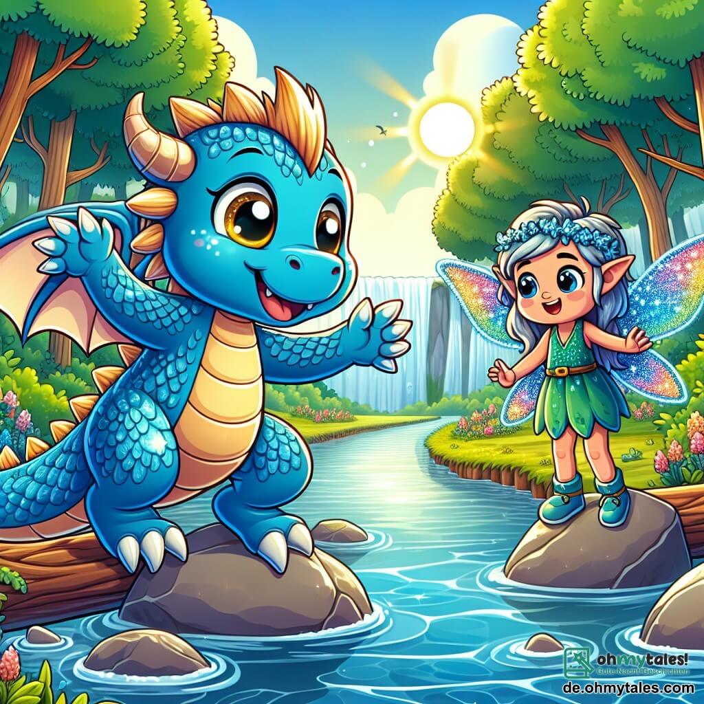 Ein kleiner Drache mit leuchtend blauen Schuppen glänzt in der Sonne, seine großen Augen strahlen Freude und Entschlossenheit aus. Er springt von einem Felsen zum anderen am Ufer eines großen Flusses, mit einem selbstbewussten Lächeln im Gesicht. Neben ihm steht eine kleine Elfe mit schimmernden, regenbogenfarbenen Flügeln, die mit Staunen zuschaut, ihr Gesicht zeigt sowohl Aufregung als auch ein leichtes Zittern der Angst. Sie steht auf einem Felsen, bereit zu springen, die Arme zum Drachen ausgestreckt. Die Szene spielt in einer wunderschönen Waldlandschaft mit majestätischen Bäumen, leuchtend grünen Blättern, bunten Blumen am Wegesrand und einem klaren Fluss, der unter der Sonne funkelt. Die Hauptsituation zeigt den Drachen, der die Elfe ermutigt, ihre Angst zu überwinden, indem sie von Felsen zu Felsen springt, um den Fluss zu überqueren, was Selbstvertrauen und Freundschaft symbolisiert.