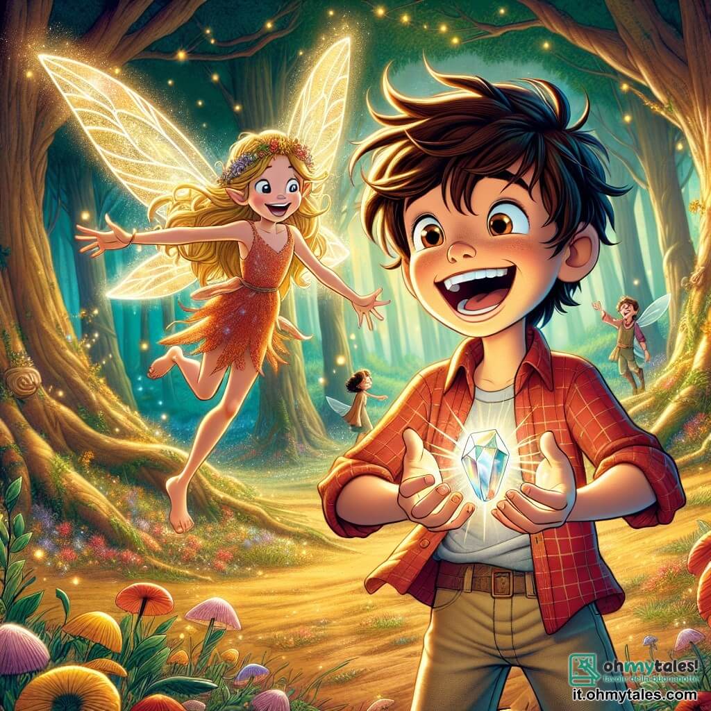 Un giovane di nome Marco, di circa 12 anni, si trova al centro della scena con un grande sorriso. Ha capelli castani disordinati, occhi brillanti di curiosità e indossa una camicia a quadri rossa e pantaloni di tela. Marco sta allungando la mano verso un cristallo scintillante, con un'espressione di meraviglia e gioia. Accanto a lui, una piccola fata di nome Lila, di circa 8 anni, fluttua nell'aria. Ha lunghi capelli dorati, ali traslucide che brillano e indossa un vestito di petali di fiori. Lila, con un sorriso radioso, guarda Marco con gratitudine, a braccia aperte. Il contesto è il magico Bosco delle Fate, pieno di alberi maestosi e foglie verdi. Fiori colorati punteggiano il terreno e lucciole brillano attorno a loro, creando un'atmosfera incantevole. La luce del sole filtra tra i rami, illuminando la scena con una dolce luce dorata. La situazione principale mostra Marco che scopre il cristallo perduto di Lila, un momento di connessione e amicizia tra loro, simboleggiando la magia dell'aiuto e della gentilezza in un mondo incantato.